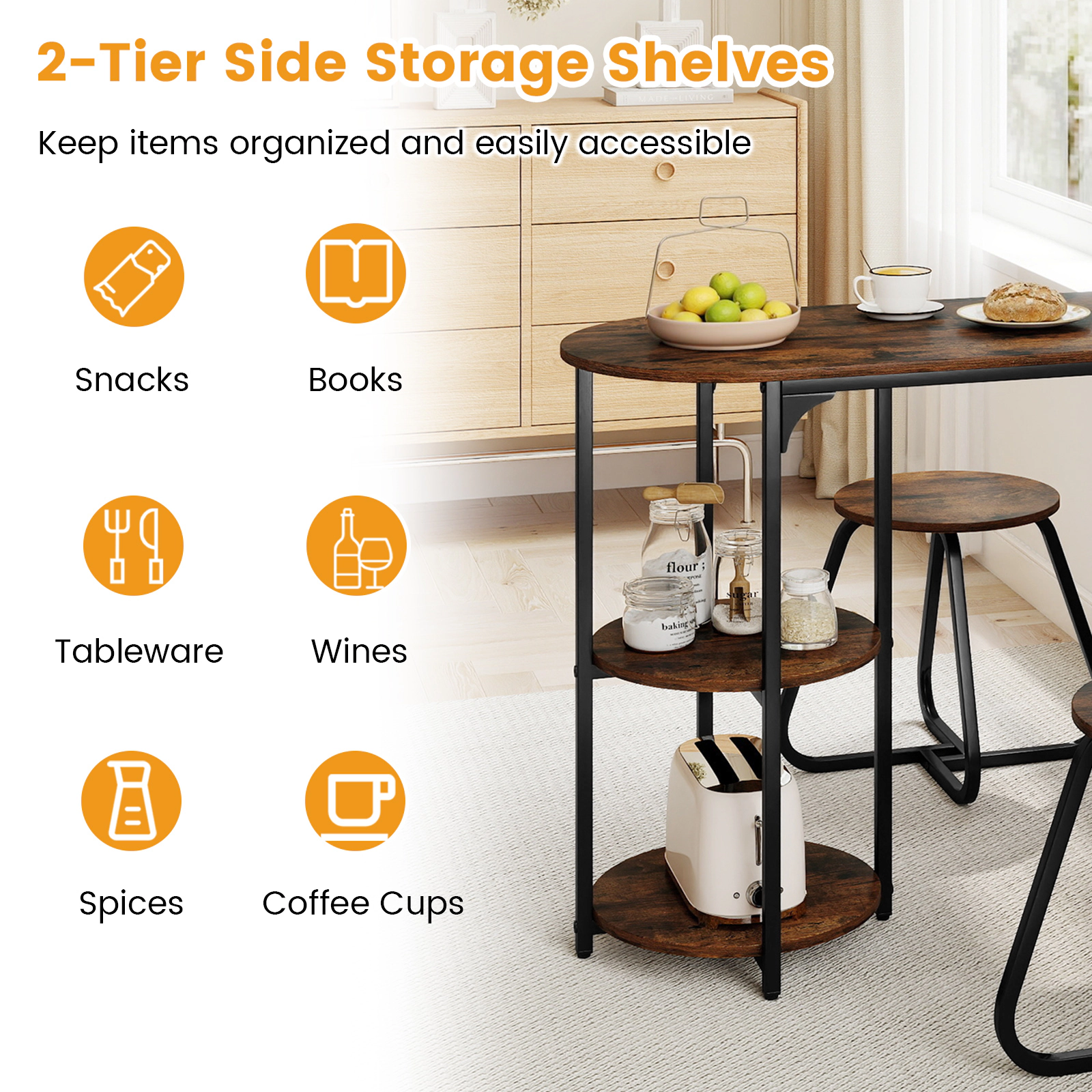 SUGIFT 3-Piece Industrial Dining Table Set with Shelves 88-lb Table Capacity 330-lb Stools Rustic Brown and Black