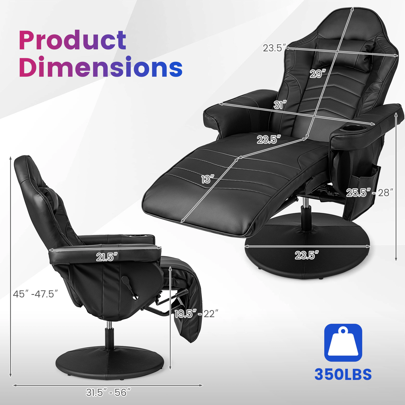 SUGIFT Massage Video Gaming Recliner Chair Adjustable Height 31.5-in Wide Seat 352-lb Capacity Massage Function Black