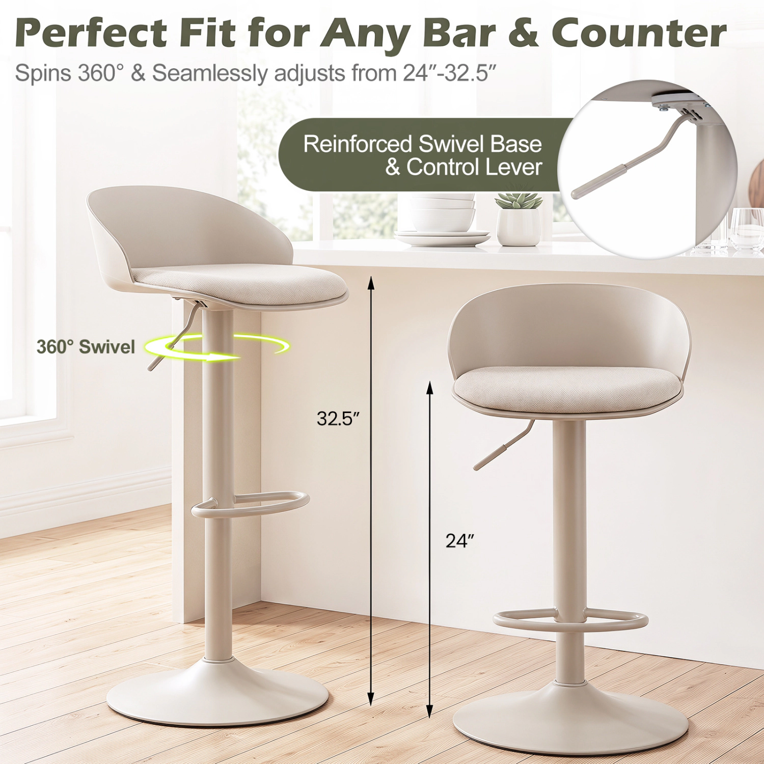 LJG Set of Adjustable Swivel Bar Stools with Back & Footrest 330 LBS for Dining