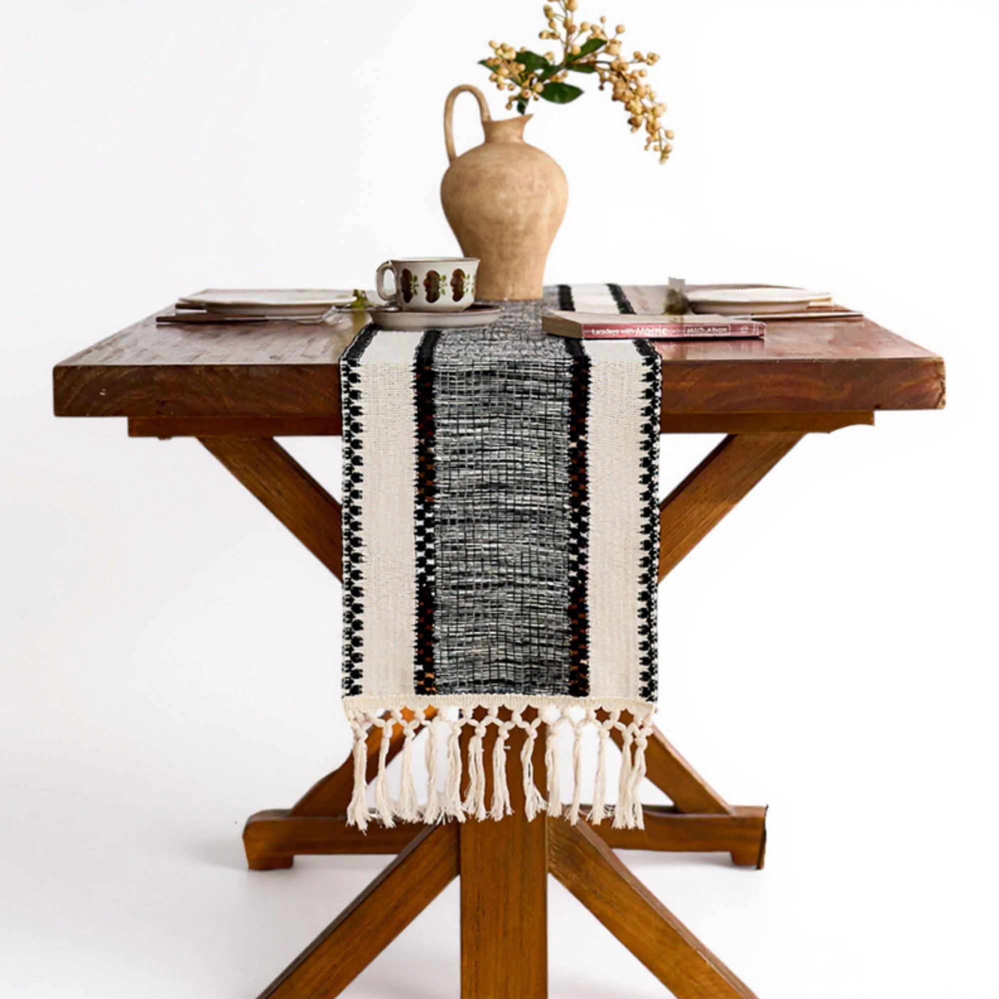 Alilang Unisex Textured Woven Table Runner with Fringe Edges and Bohemian Stripe Pattern 47x11.8