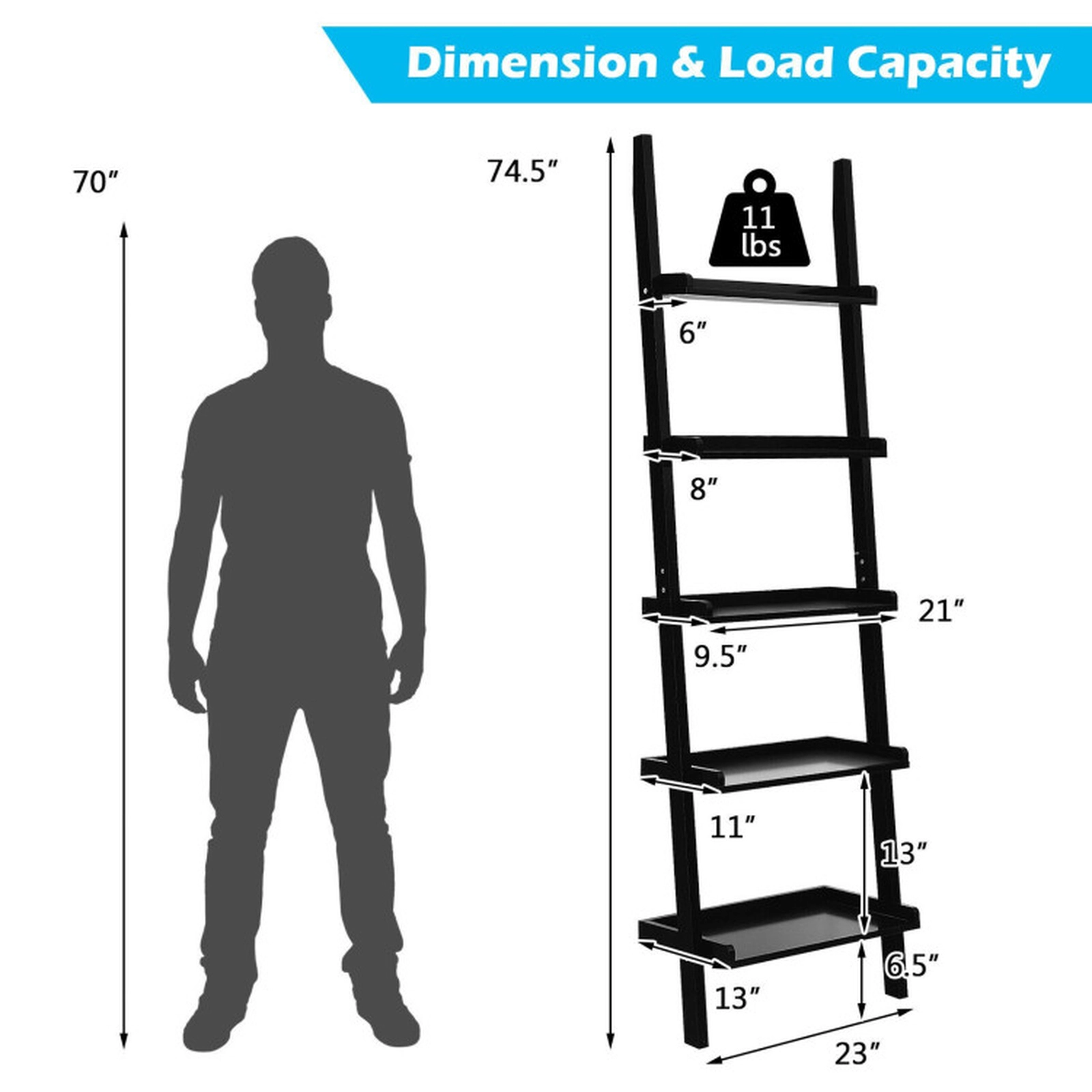 SUGIFT Black 5-Tier Wall-Leaning Ladder Shelf 74.5 in Display Rack
