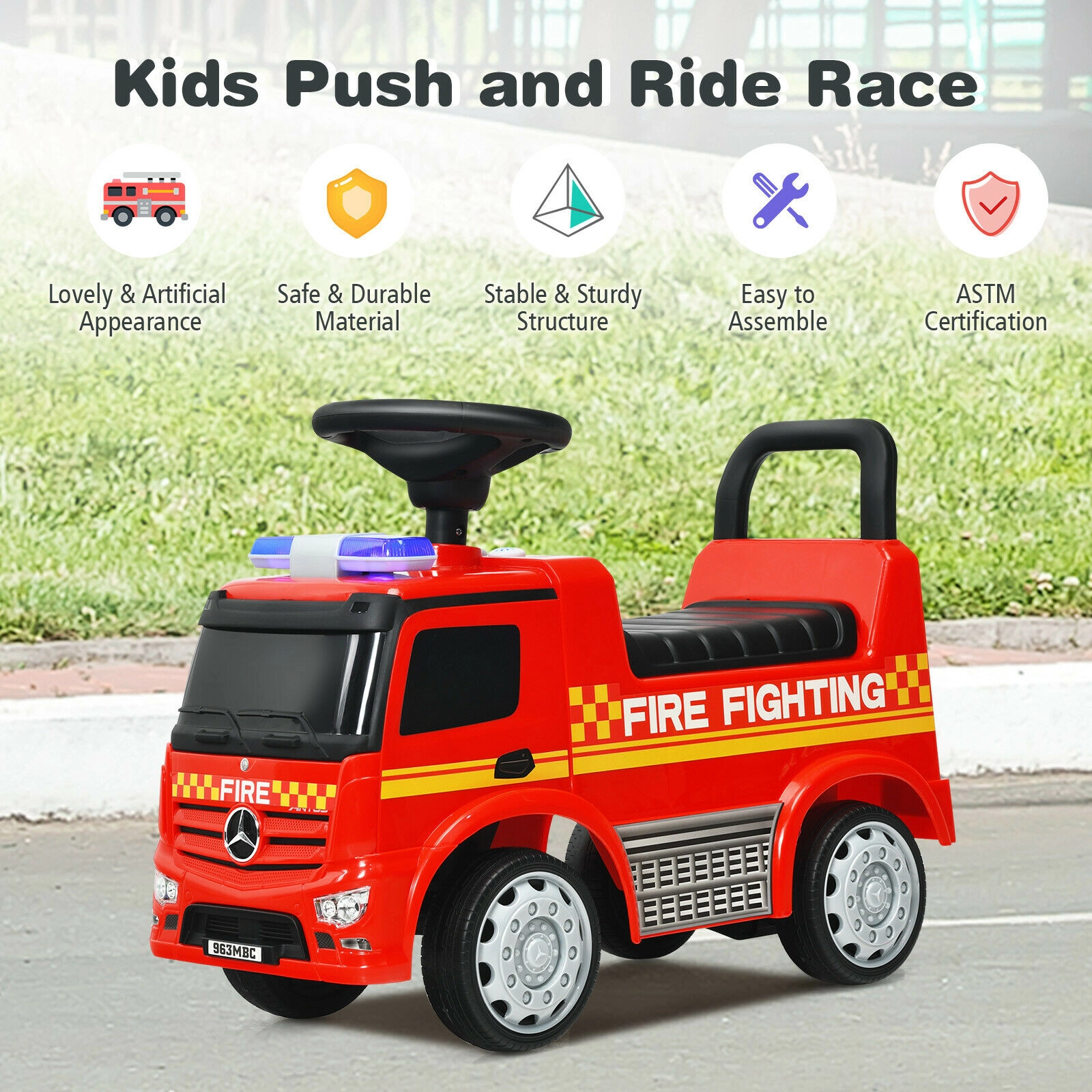SUGIFT Licensed Mercedes Benz Kids Fire Engine Ride-On Push Car 55-lb Capacity Ages 12-36 Months Foot-to-Floor Red