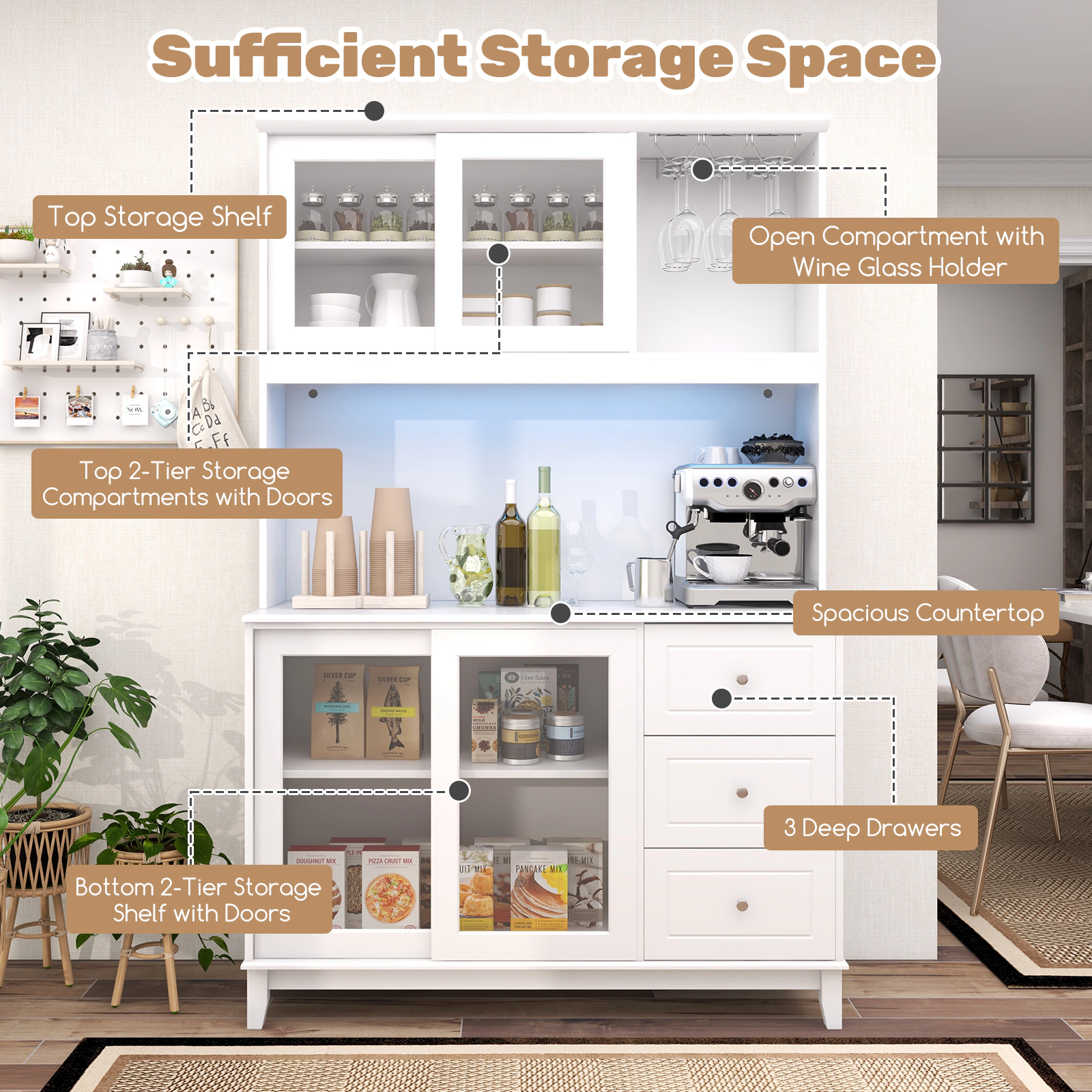Hivvago Kitchen Pantry Storage Cabinet Kitchen Hutch with LED lights and Power Outlet