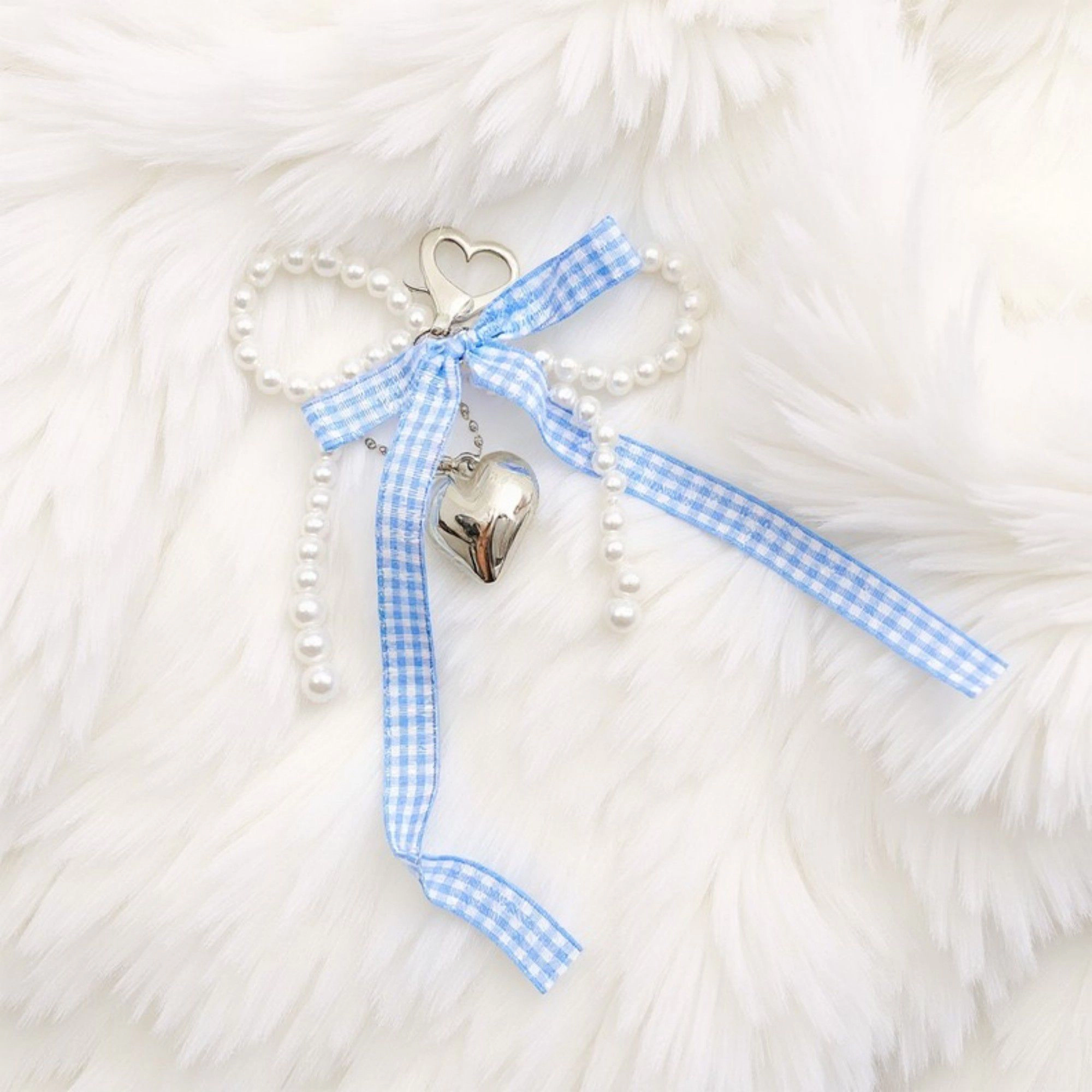 Alilang Women's Ribbon Pearl Bow Keychain with Silver Heart Charm and Gingham Accent