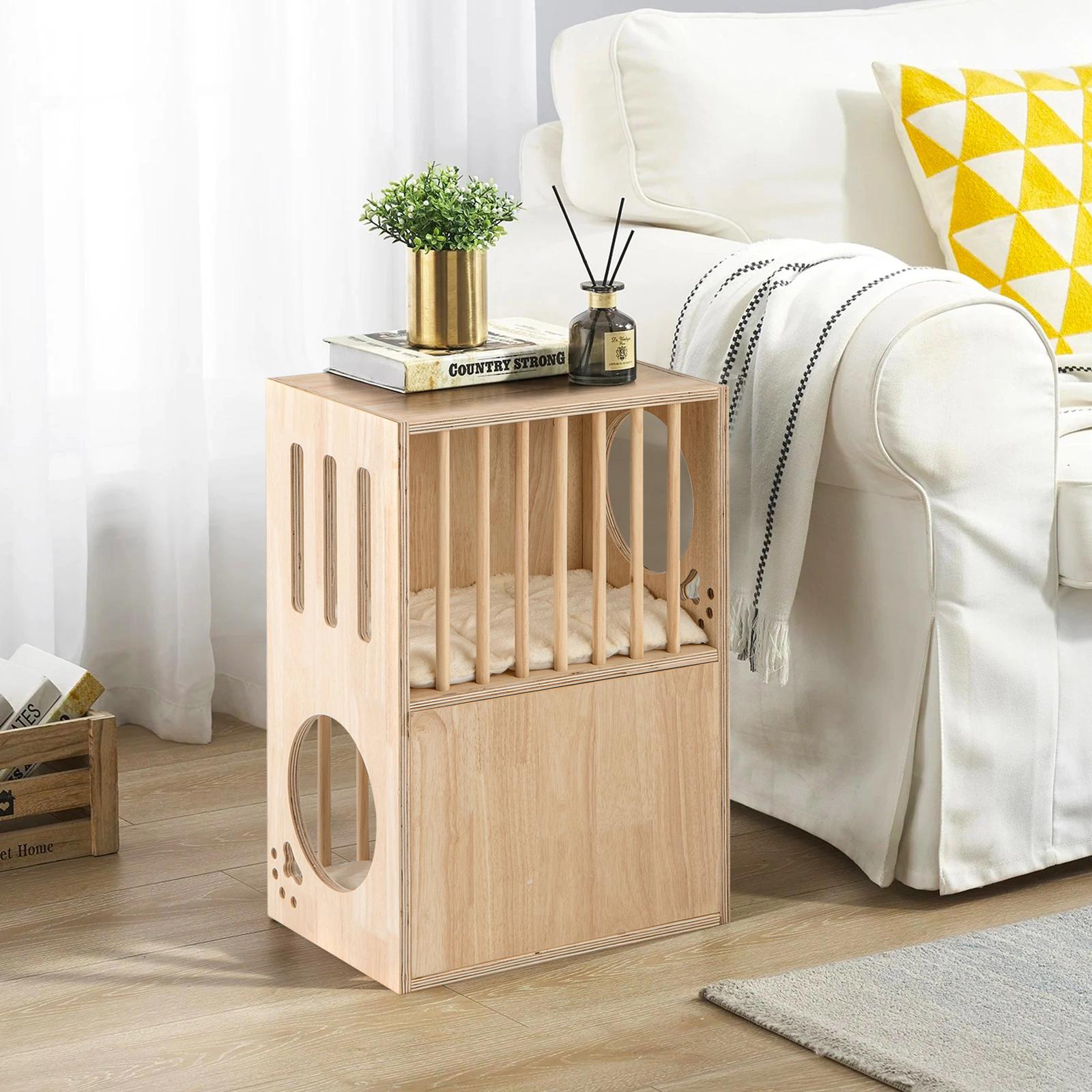 SUGIFT 17 x 25.5-in 33-lb Layer Capacity Natural 2-Tier Wooden Cat Condo House with 2 Removable Cushions