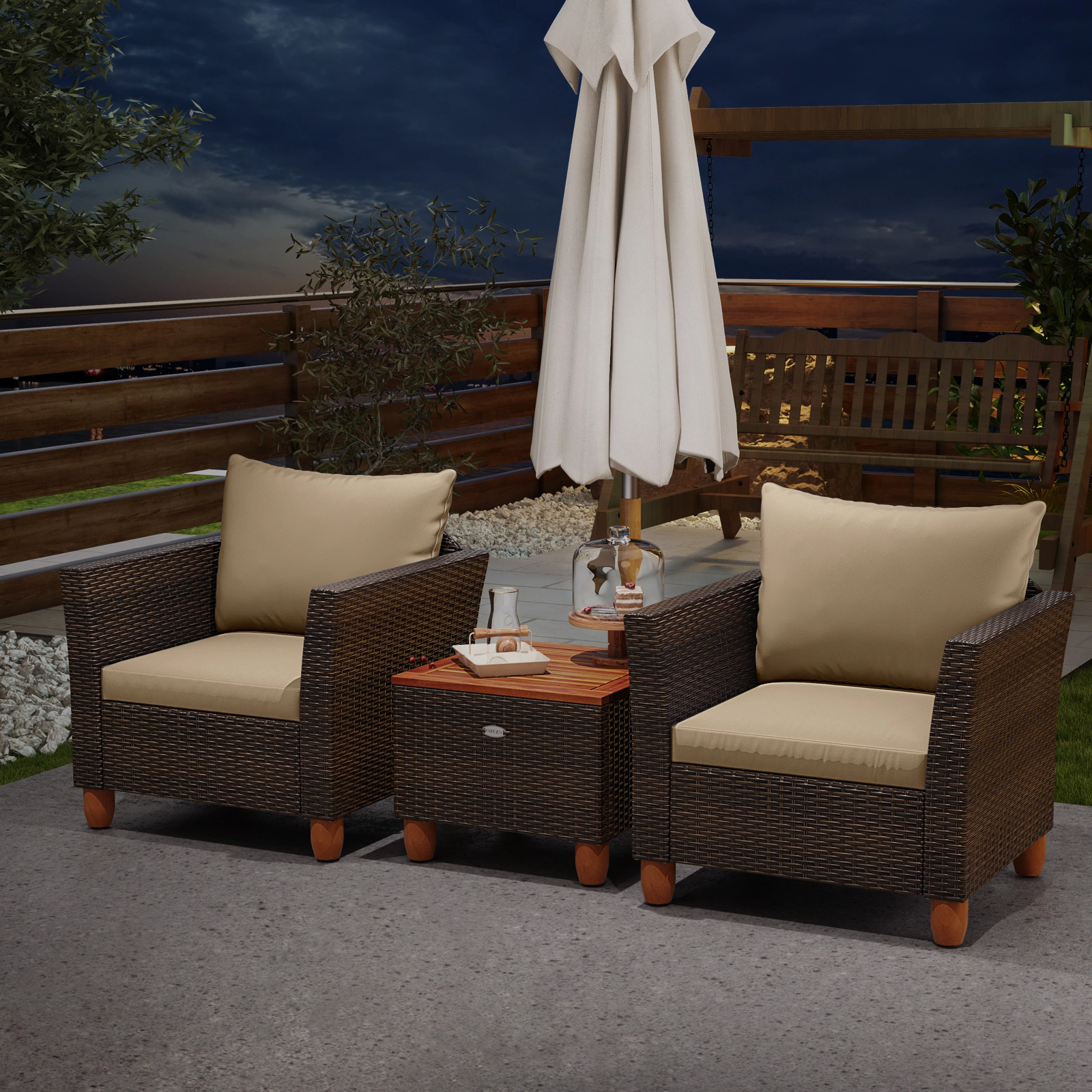 LJG 3 Pieces Patio Rattan Bistro Furniture Set with Wooden Table Top