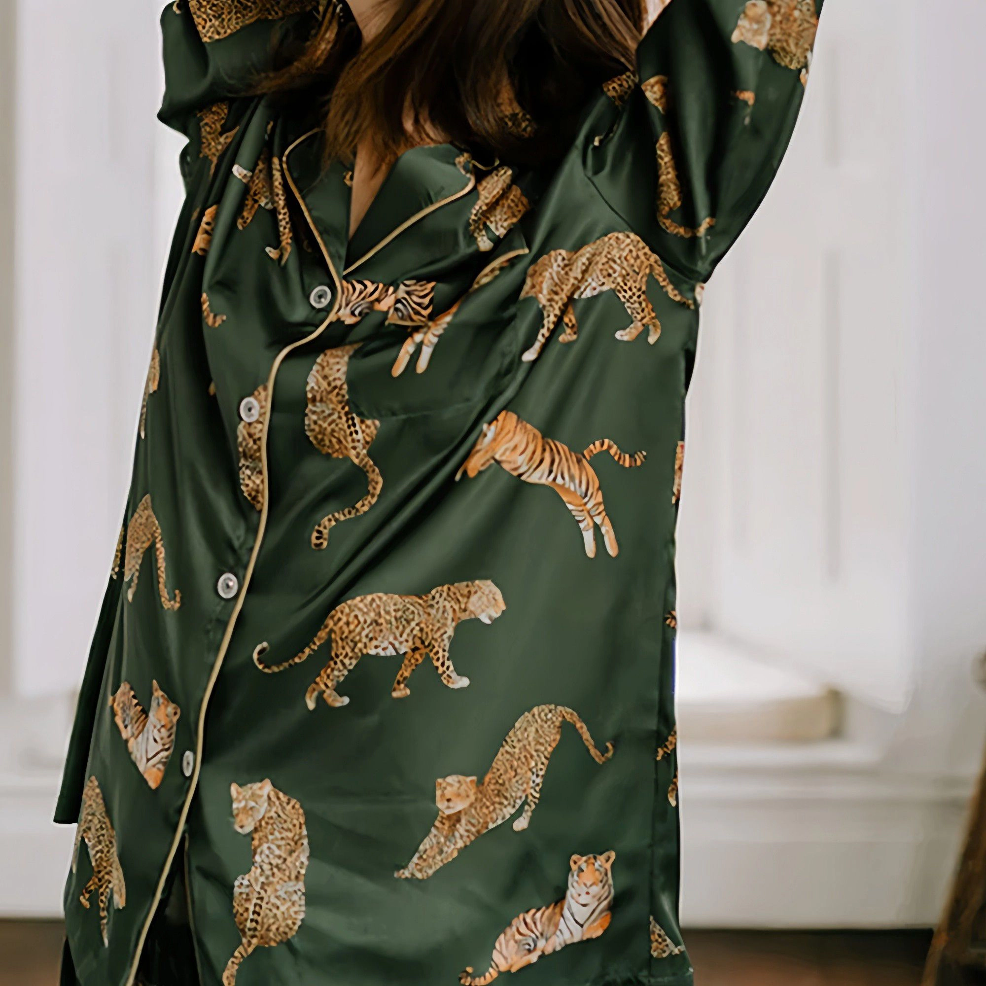Anna-Kaci Women's Long Sleeve Button Front Pajama Set with Tiger Print and Satin Finish