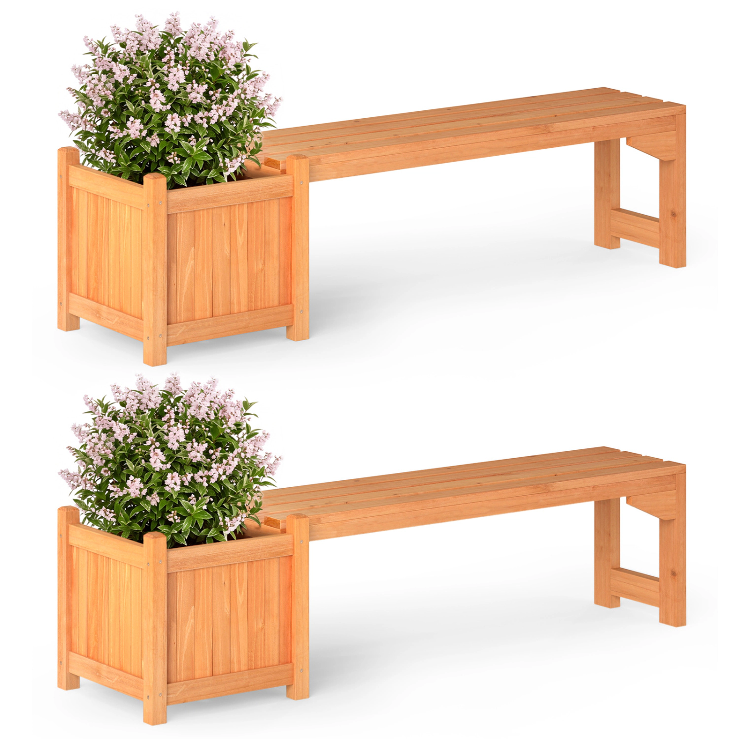 LJG Set of 2 Outdoor Bench with Raised Garden Bed with Spacious Seat and Detachable Bottom Plates