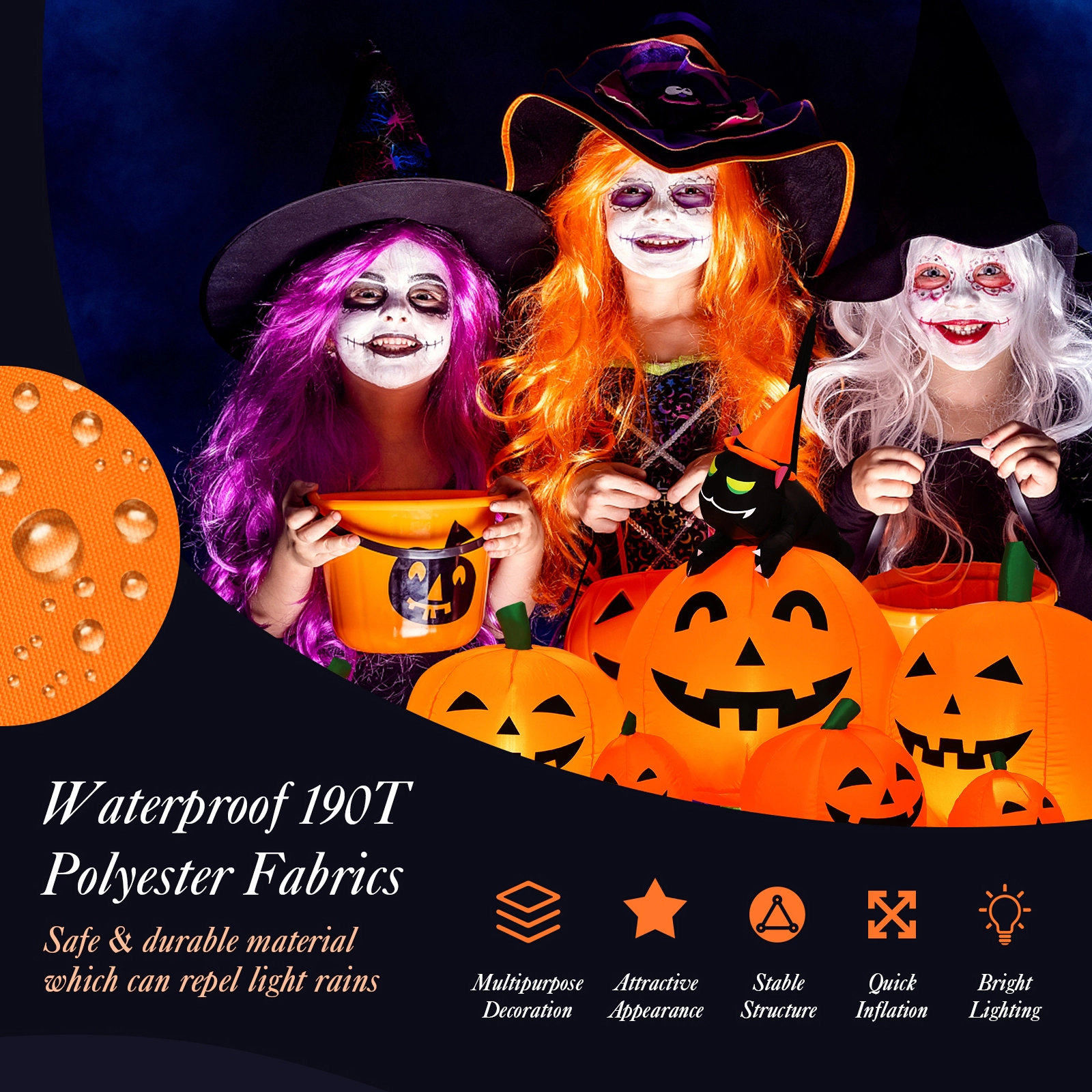 LJG Halloween 7.5 Feet Inflatable Pumpkin Combo with Witch Black Cat