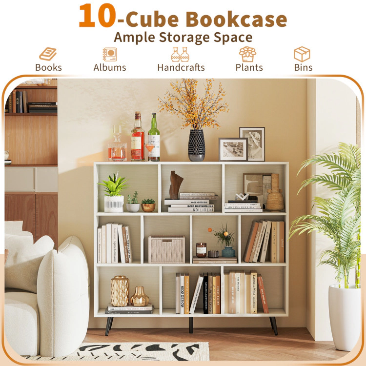 Hivvago Mid-Century Cube Bookcase – Compartments, Off White Storage Shelf with Metal Legs