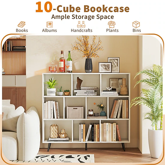 Hivvago Mid-Century Cube Bookcase – Compartments, Off White Storage Shelf with Metal Legs