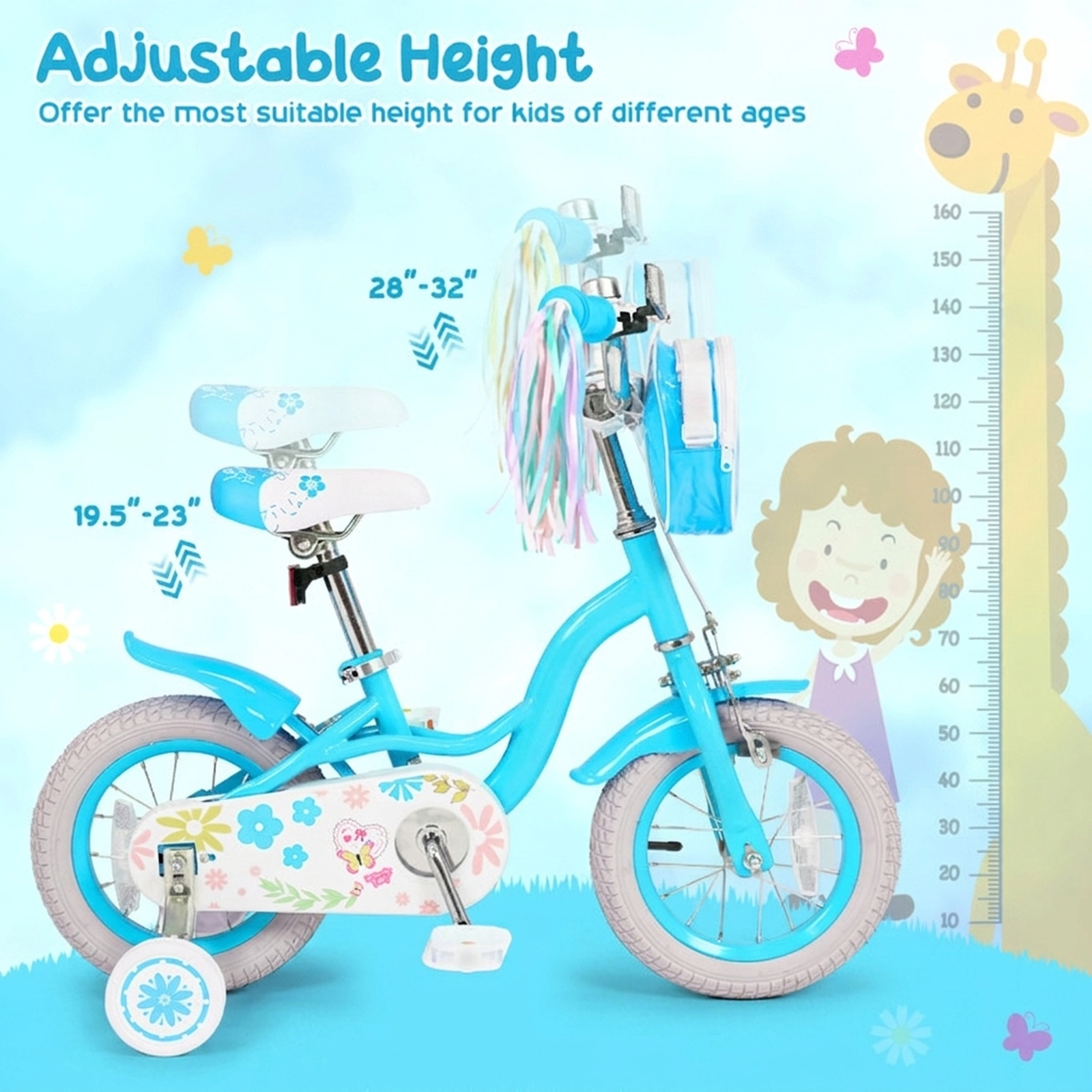 SUGIFT Adjustable Height 14-Inch Girls Bike with Front Bag and Streamers 110-lb Seat Capacity Ages 3-5 Blue