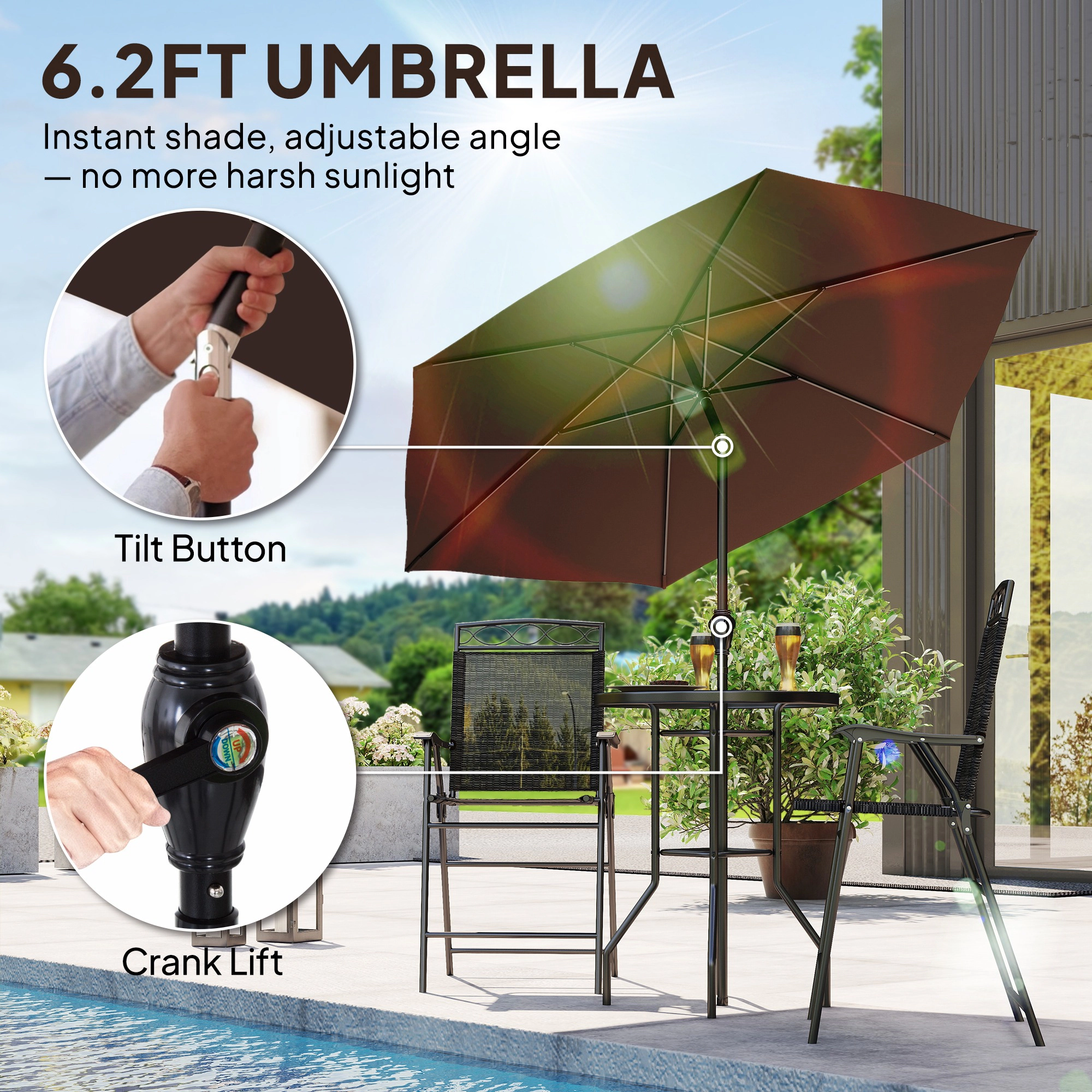 HONGGE 4 Piece Outdoor Bar Set with Umbrella Patio Dining 2 Folding Chairs Wave Textured Tempered Glass Table