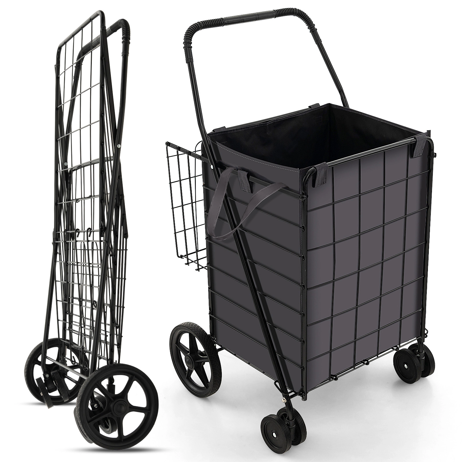 LJG Folding Rolling Shopping Cart with Waterproof Liner and Basket