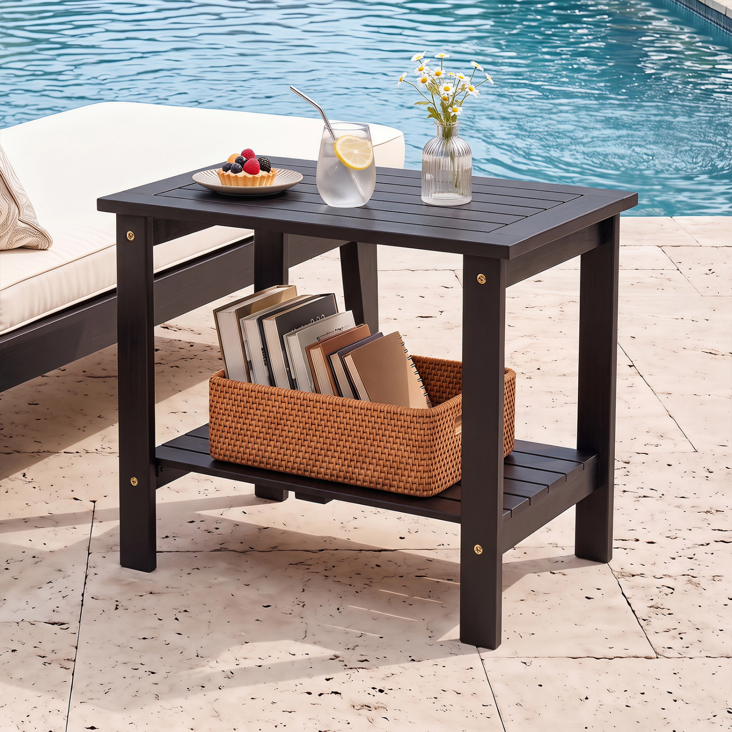 LJG 2-Tier Wood Patio End Table with Slatted Tabletop and Storage Shelf for Backyard