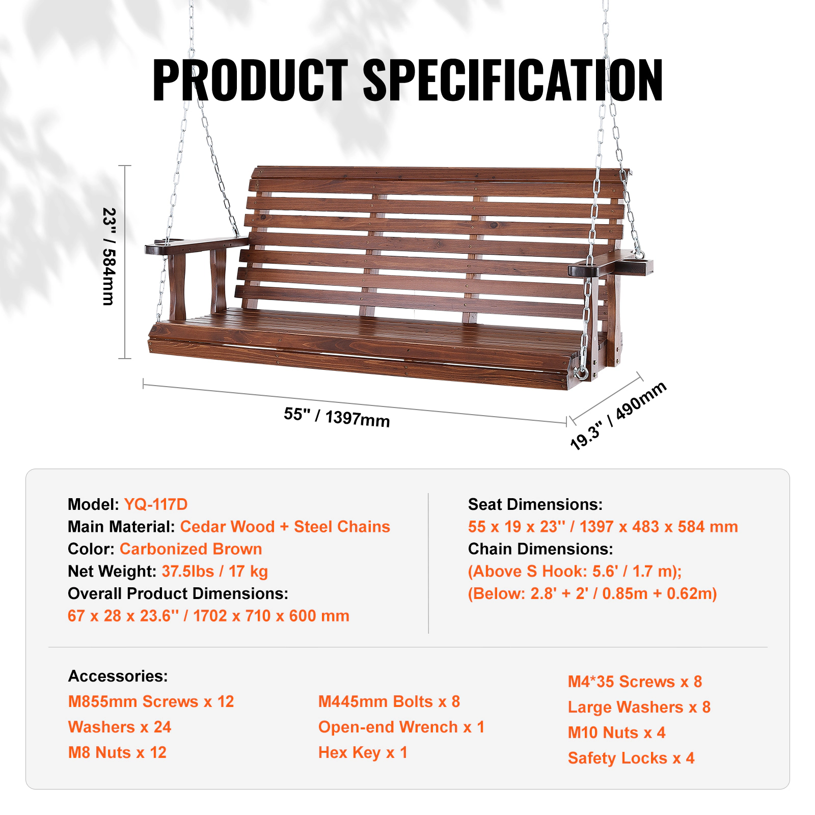 HONGGE 5.5 ft Cedar Wood Porch Swing with Dual Cup Holders & Hanging Chains, Patio Bench Seat, 880 lb Capacity