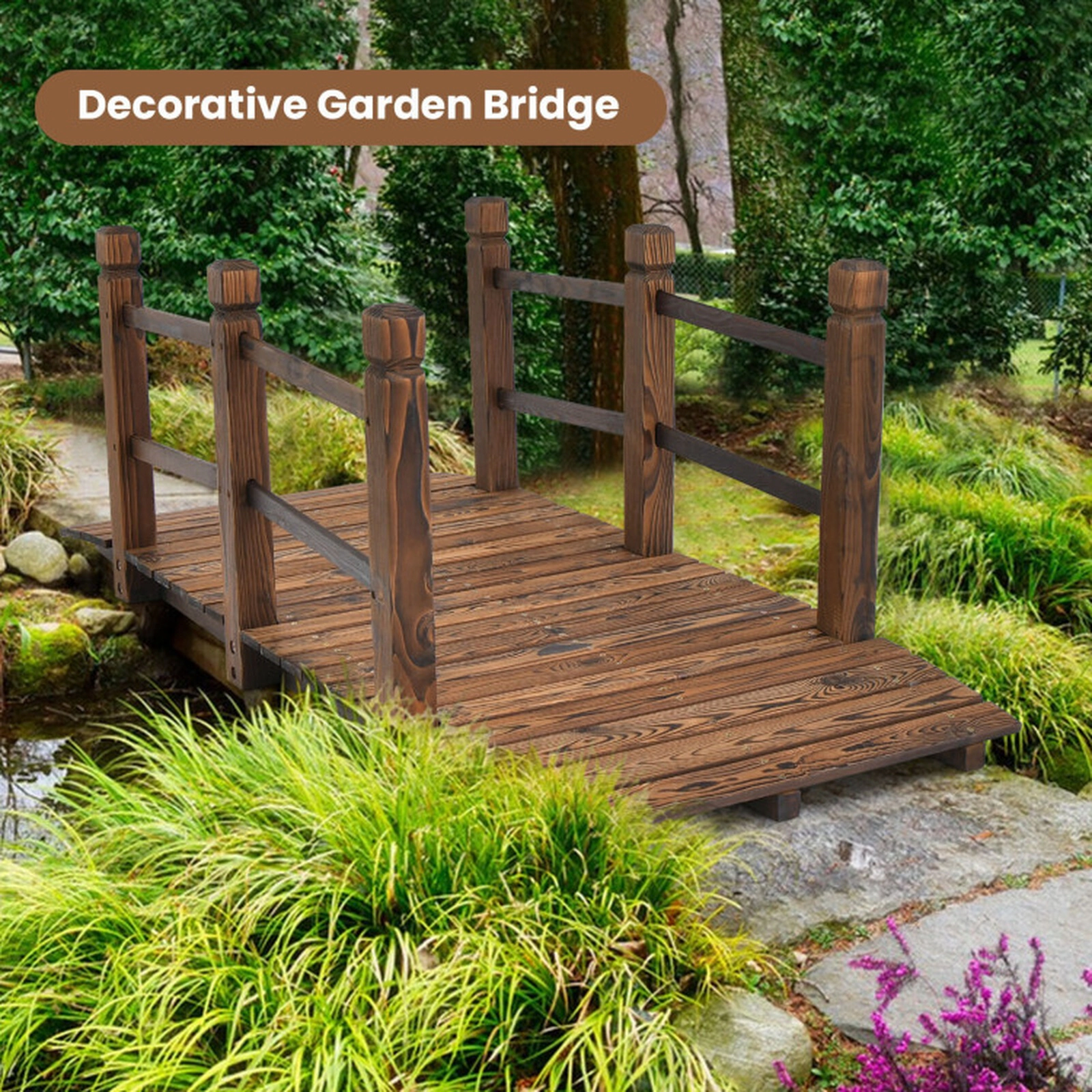 SUGIFT 5-Foot Fir Wood Garden Bridge with Safety Rails 400-lb Capacity 59-in Long Natural Wood/Stained Wood 1-Pc