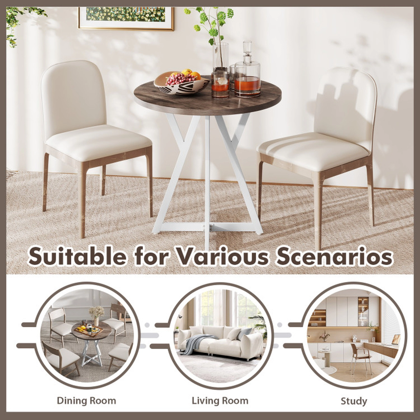 SUGIFT 31.5-Inch Brown Round Dining Table for 2 with Metal X-Pedestal Base