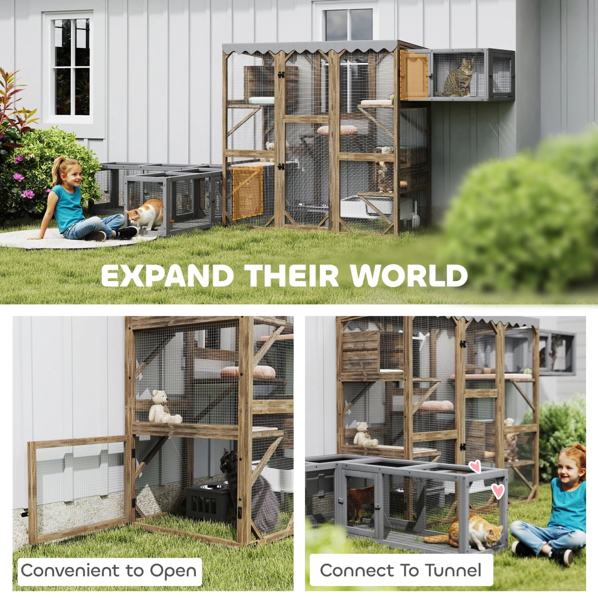 212 Main PawHut Outdoor Cat Enclosure with Window Access - 5 Platforms & 2 Resting Boxes - Waterproof Roof, Brown