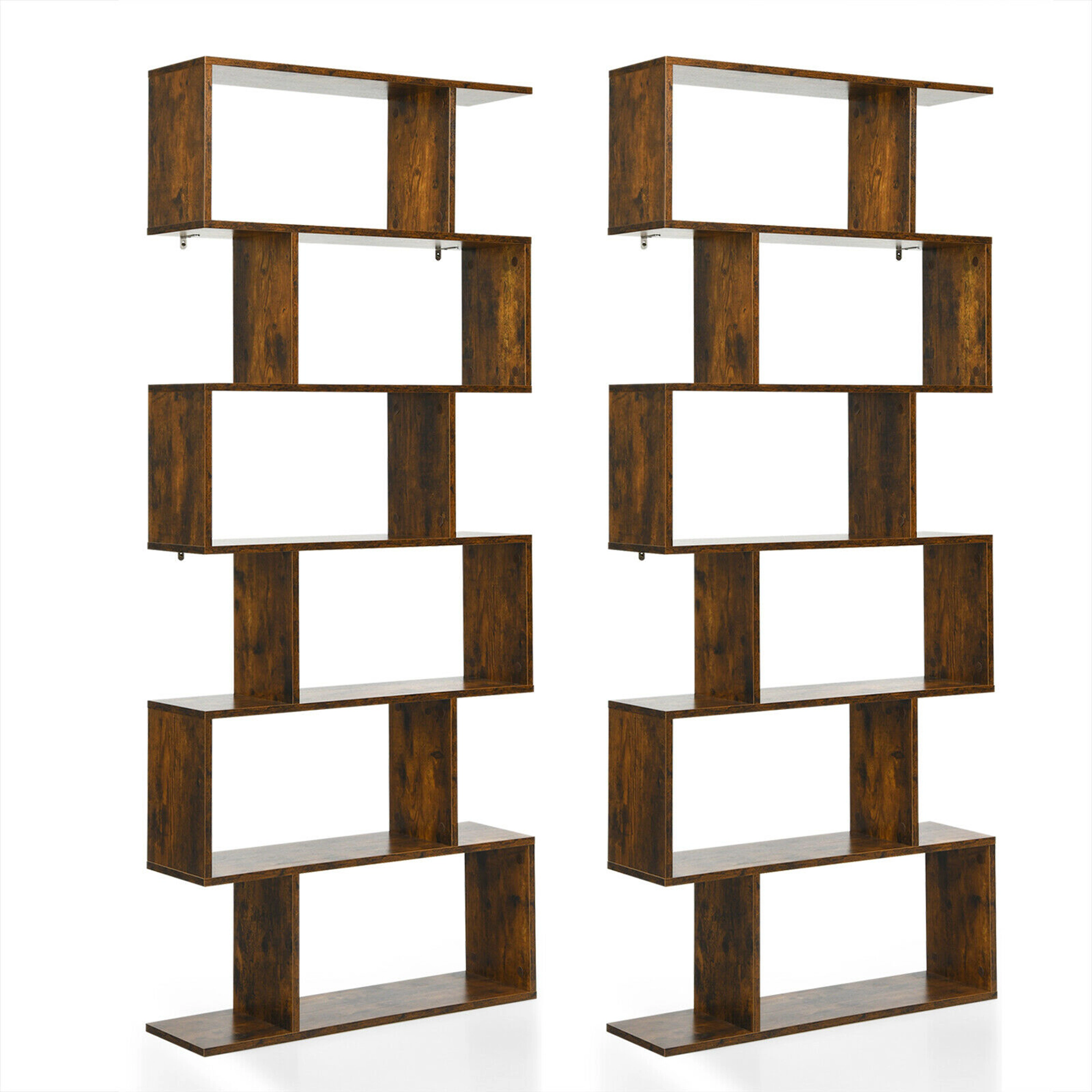 Costway 2 PCS 6 Tier S-Shaped Bookshelf Storage Display Bookcase Z-Shelf Coffee