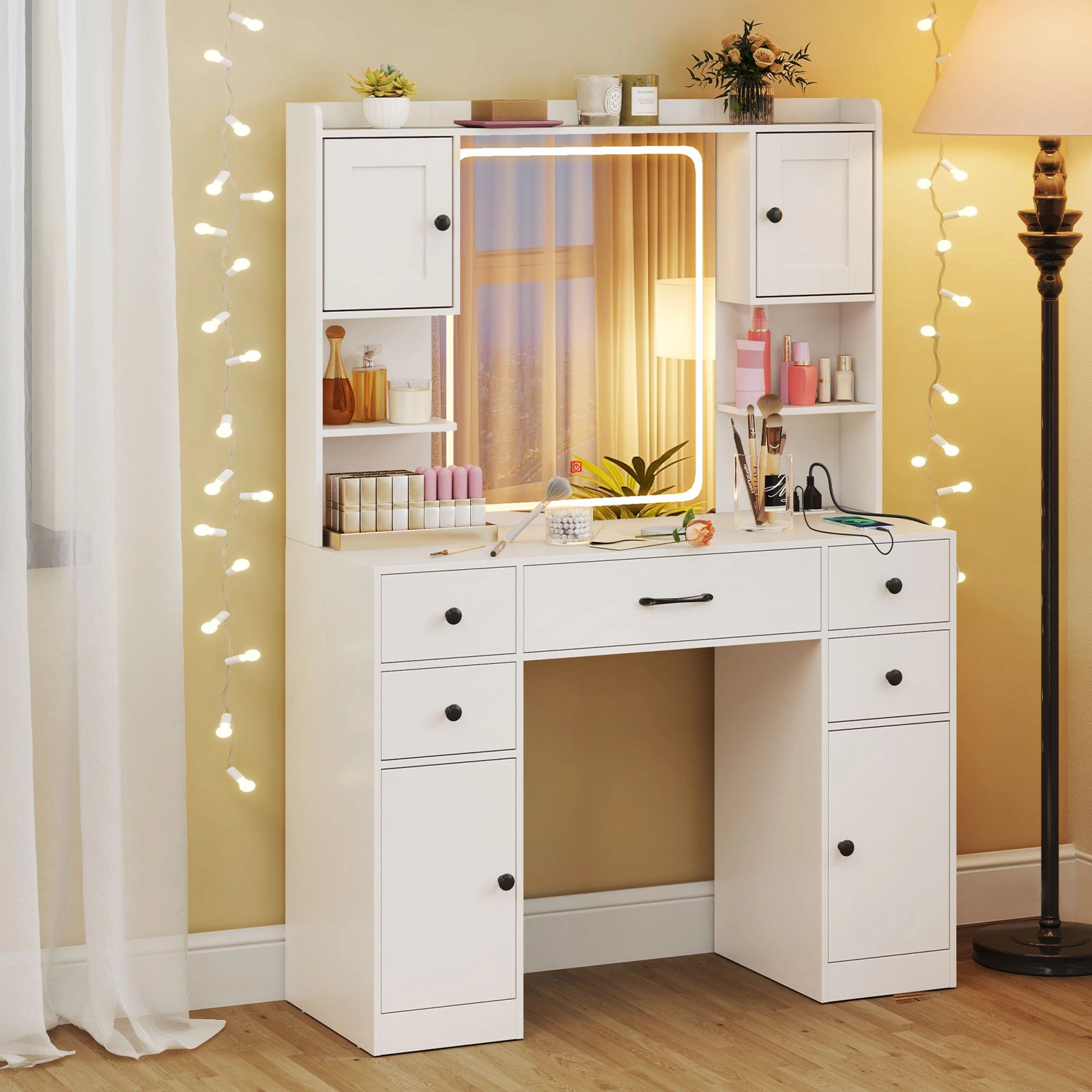 SlickBlue White Vanity Table with Mirror and Charging Station