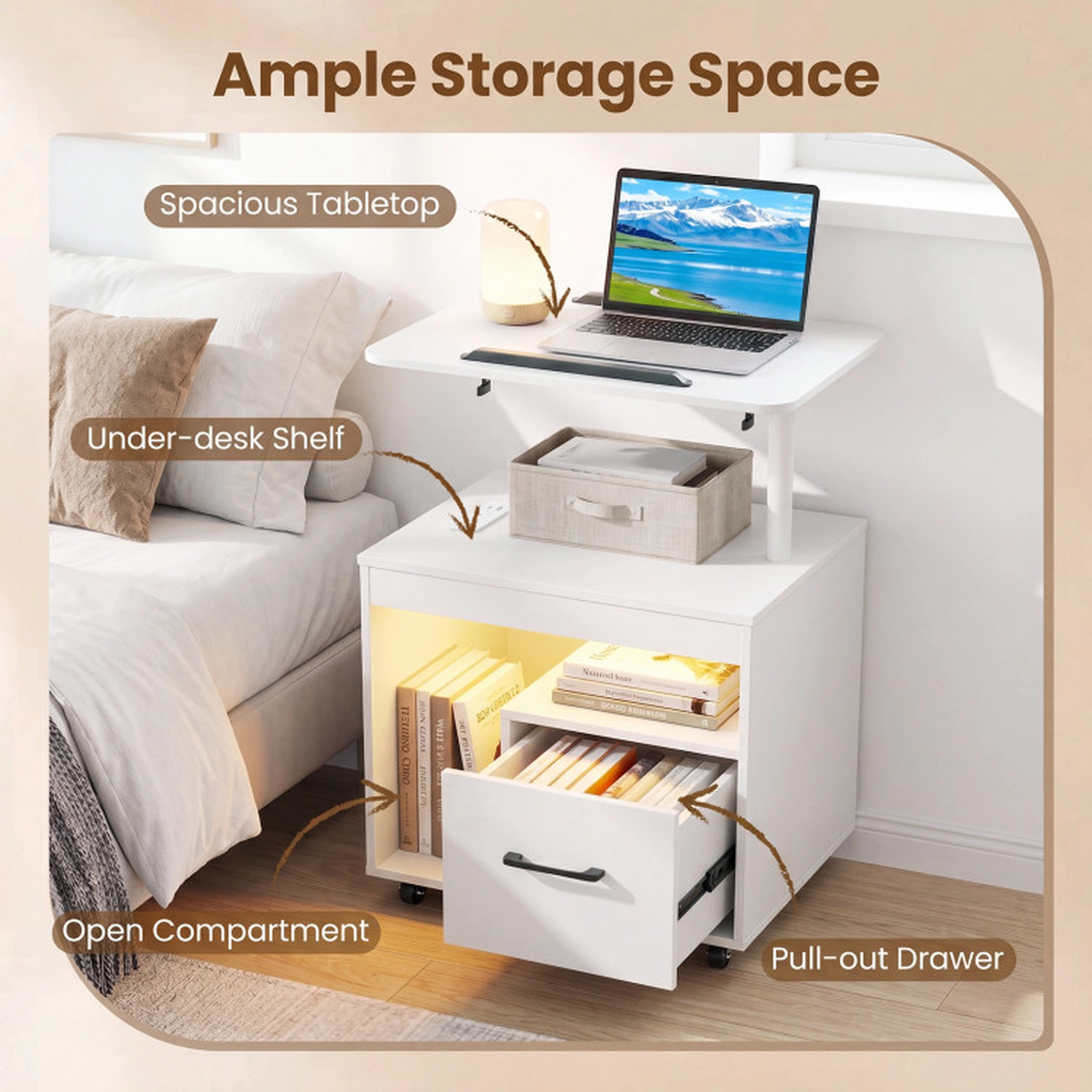 SUGIFT LED Nightstand with Power Outlets Flip Over & Rotatable Tabletop Bedside Table with Drawer & Storage Shelf White