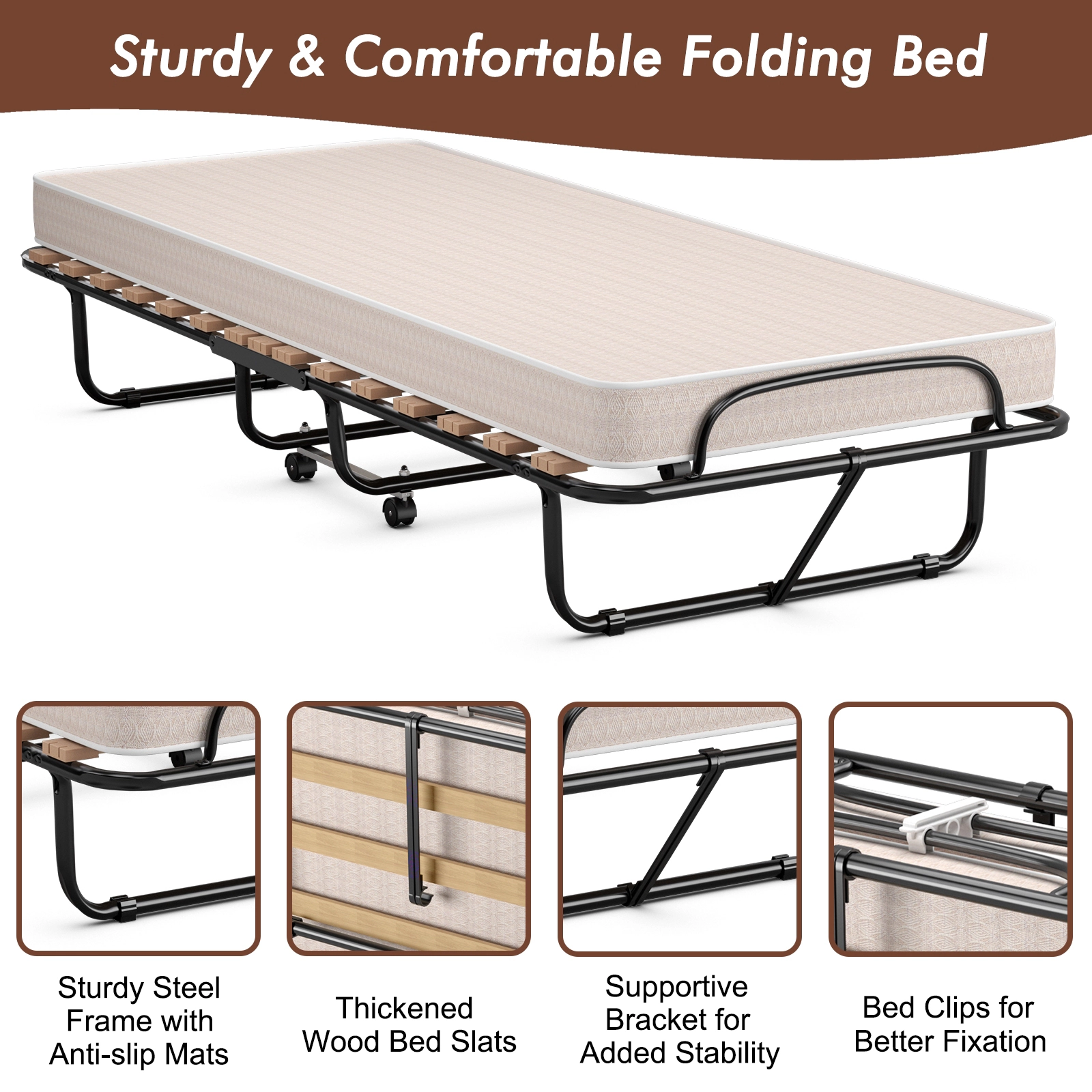 SUGIFT Folding Portable Guest Bed with Memory Foam Mattress 264.5-lb Capacity Adult Black Frame Beige Mattress