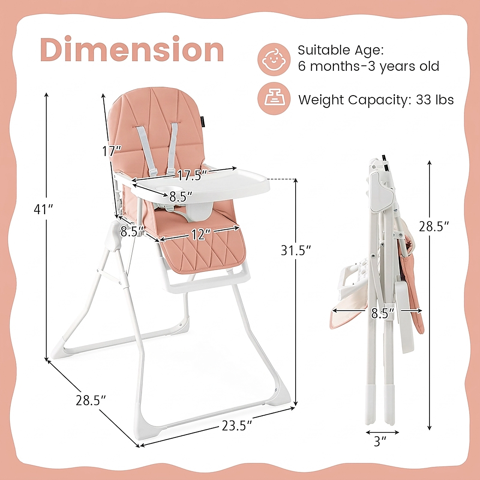 SUGIFT Pink Removable Tray and PU Seat Cushion Compact Folding Baby High Chair