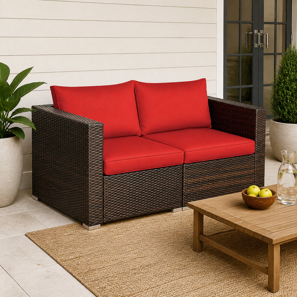 SUGIFT 2-Piece Red Rattan Patio Corner Sofa Set with 4 Zip Cushions