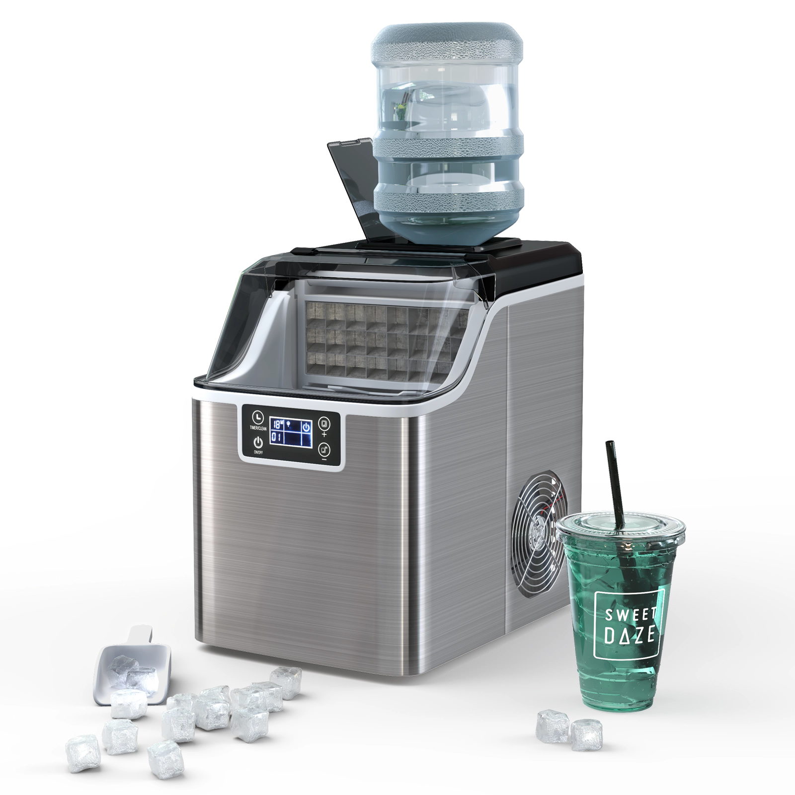 SUGIFT Silver Electric Countertop Ice Maker with LCD Panel 40-lb Daily Output and 8-Hour Delay Timer