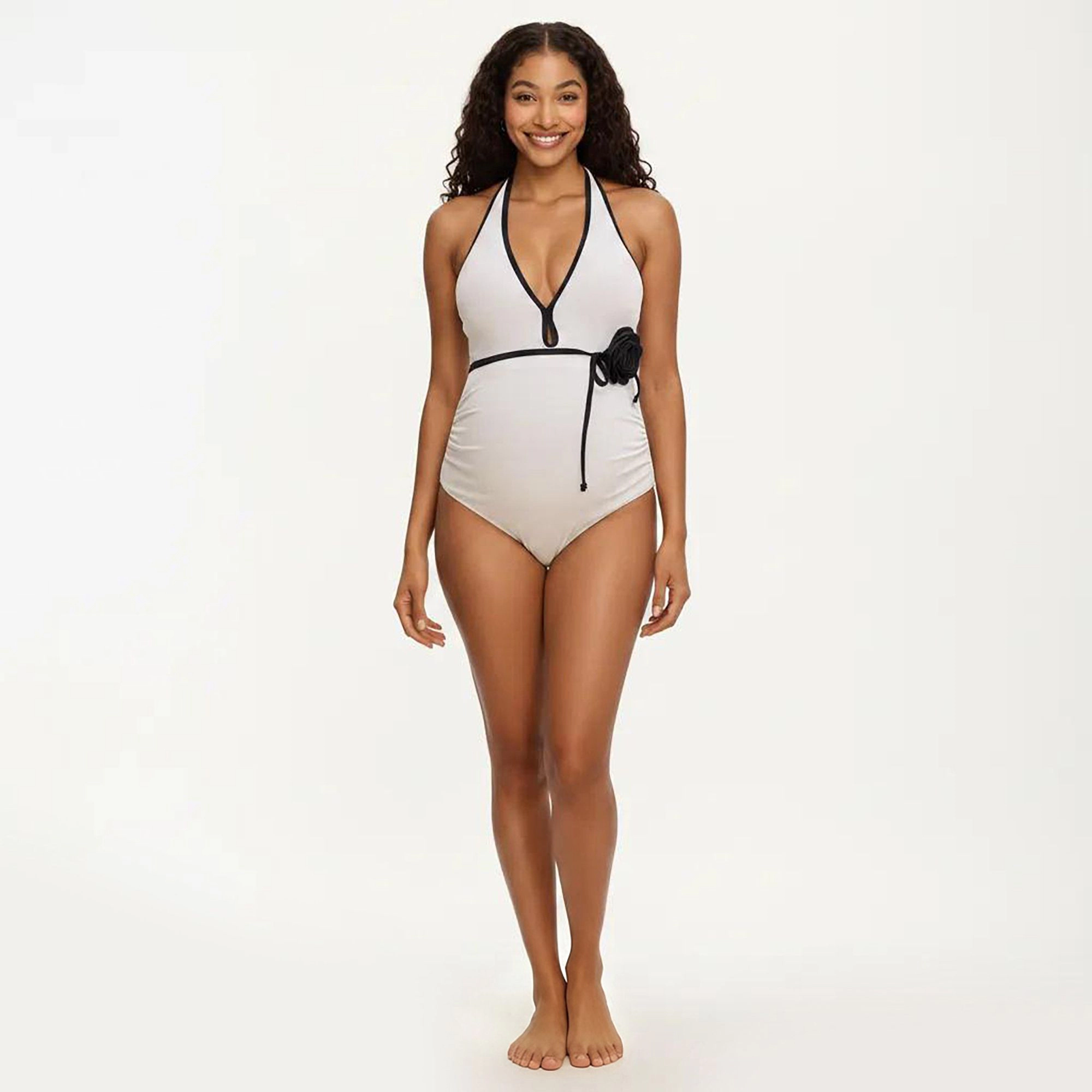 Anna-Kaci Women Maternity Ribbed One-Piece Swimsuit - Halter Neckline, Floral Tie Waist