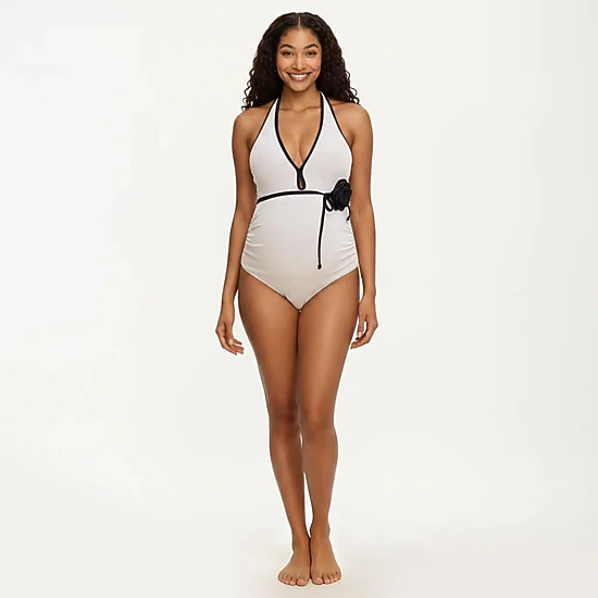 Anna-Kaci Women's Maternity Ribbed One-Piece Swimsuit with Halter Neckline and Floral Tie Waist
