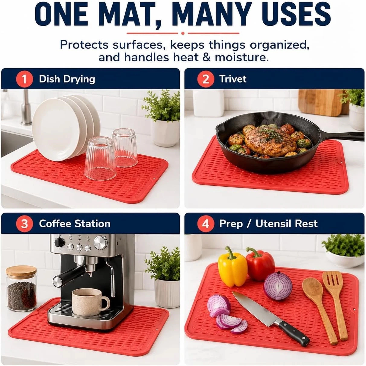 Home Collection Silicone Dish Drying Mat 16 x 12 Inch Heat-Resistant BPA-Free