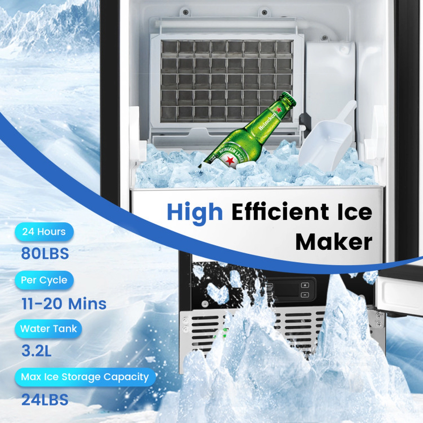 SUGIFT Silver Built-In Undercounter Ice Maker with Reversible Door 80-lb Daily Output 15-in W 20.3-in D 33.5-in H