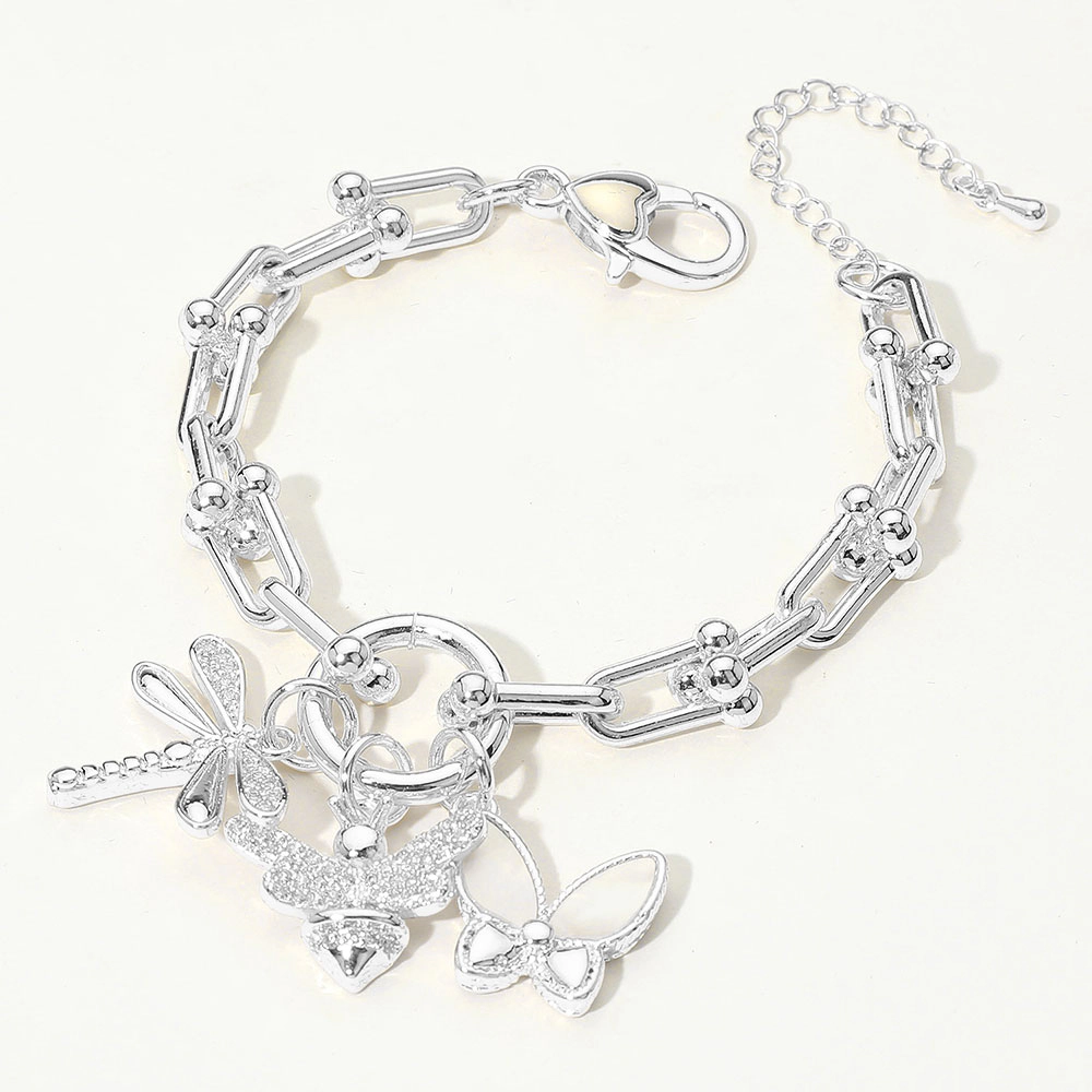 FASHNZFAB 14K Gold Plated CZ Stone Paved Dragonfly Honey Bee Mother of Pearl Butterfly Charm Chain Link Bracelet
