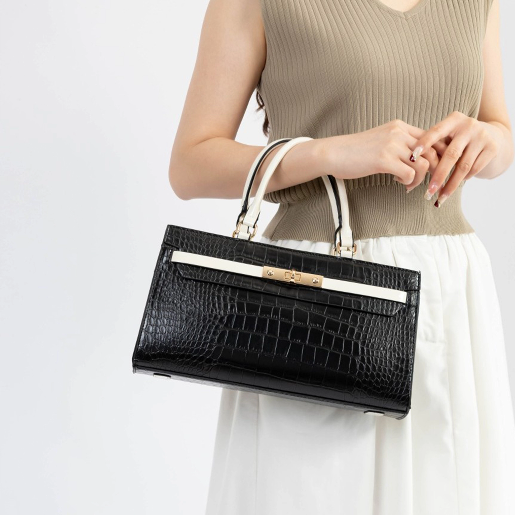 Faux Crocodile-Embossed Wide Satchel with Turn-Lock Clasp