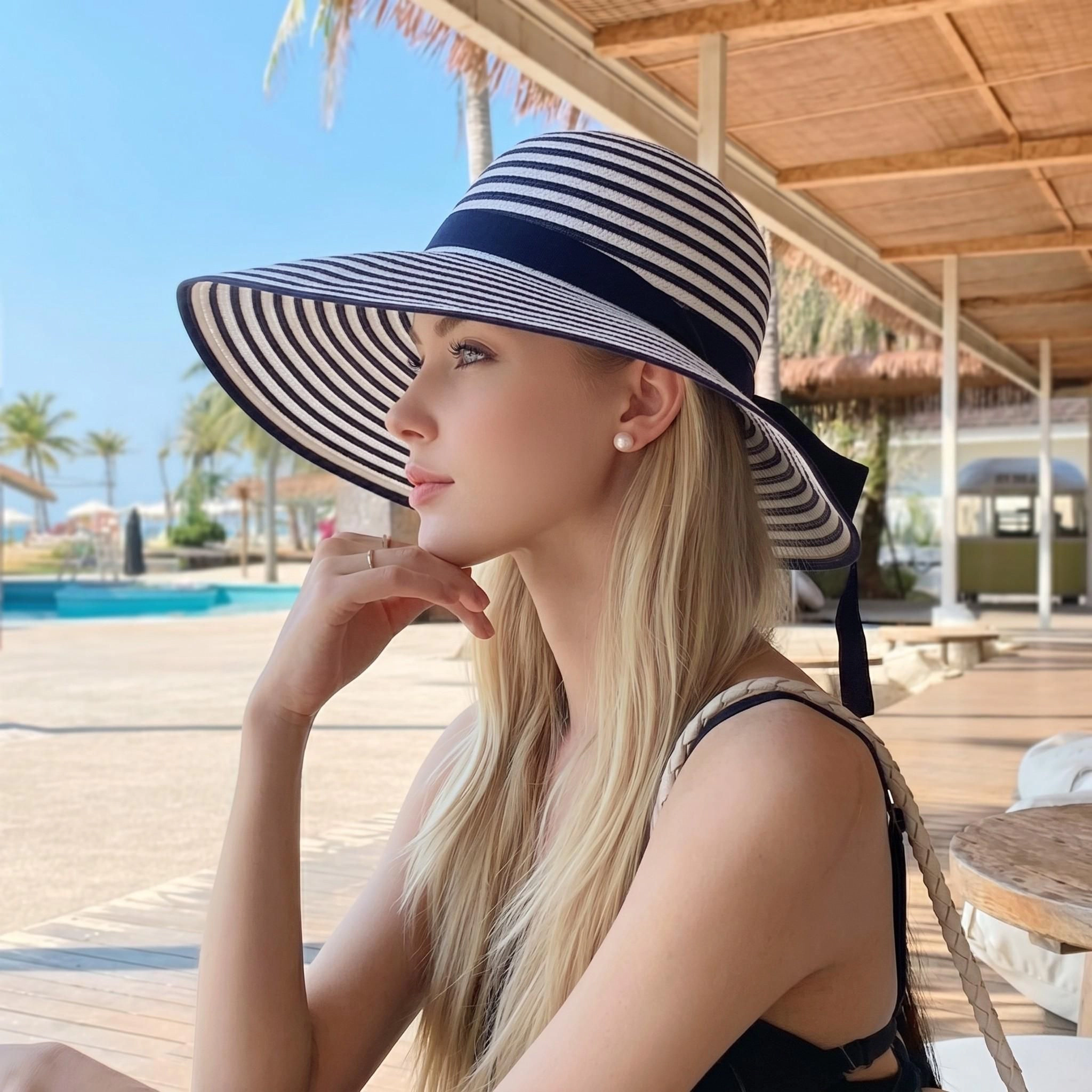 Anna-Kaci Womens Striped Sun Hat Wide Brim Summer Beach Bow Tie Lightweight Packable