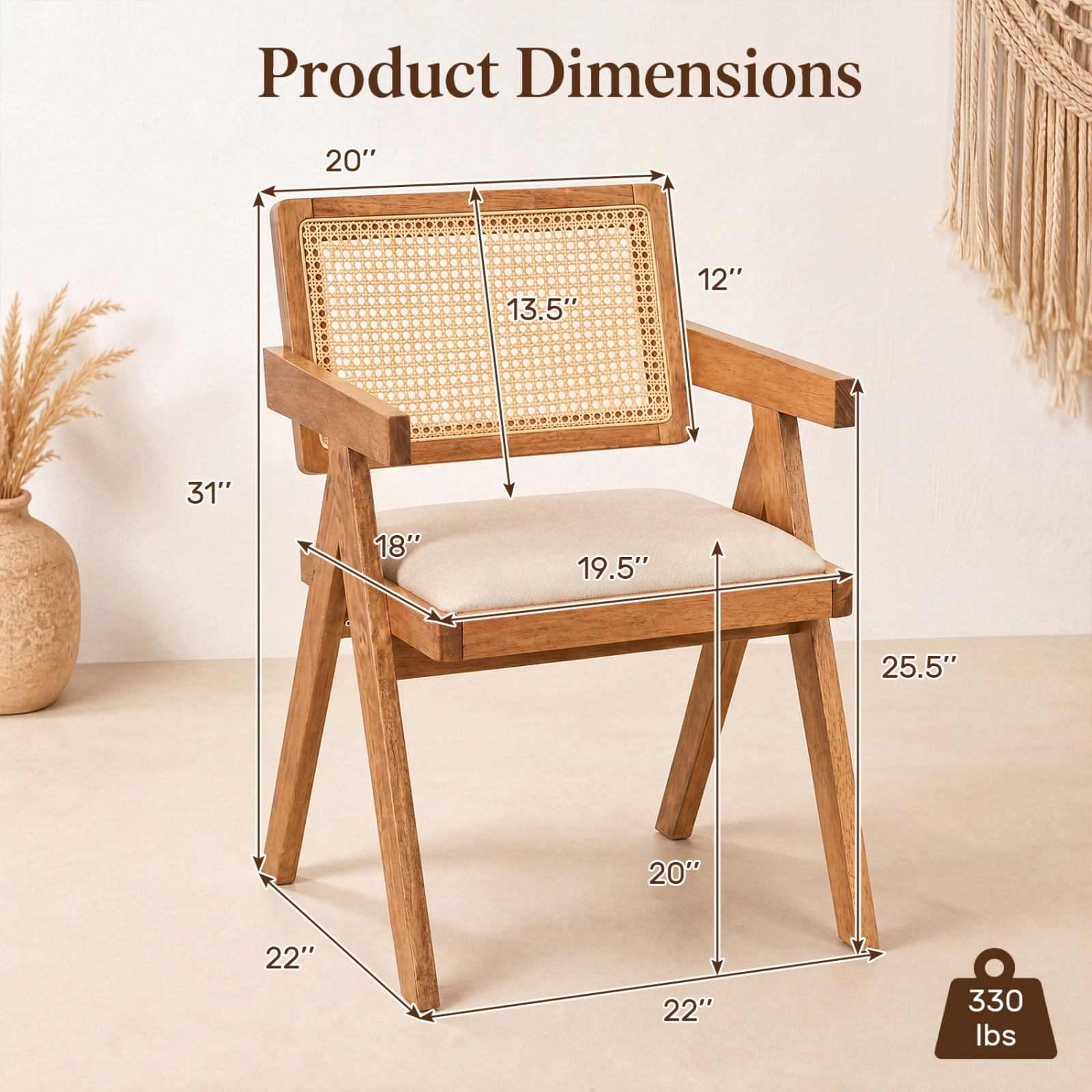 SUGIFT Set of 2 Rattan Accent Chairs Beige with Padded Cushions and Rubber Wood Frame