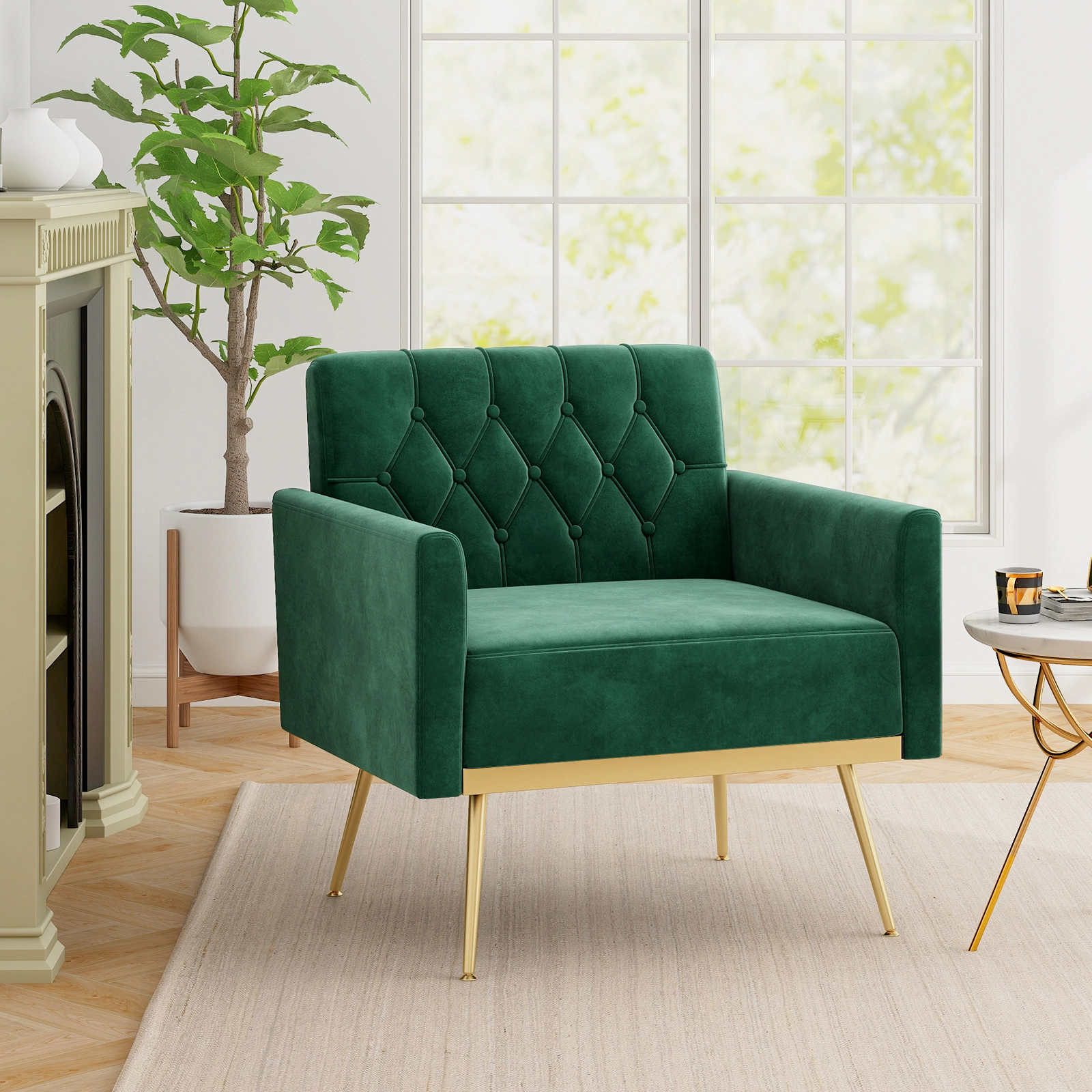 Hivvago Velvet Armchair with Tufted Backrest, Gold-Finished Legs, and Adjustable Foot Supports