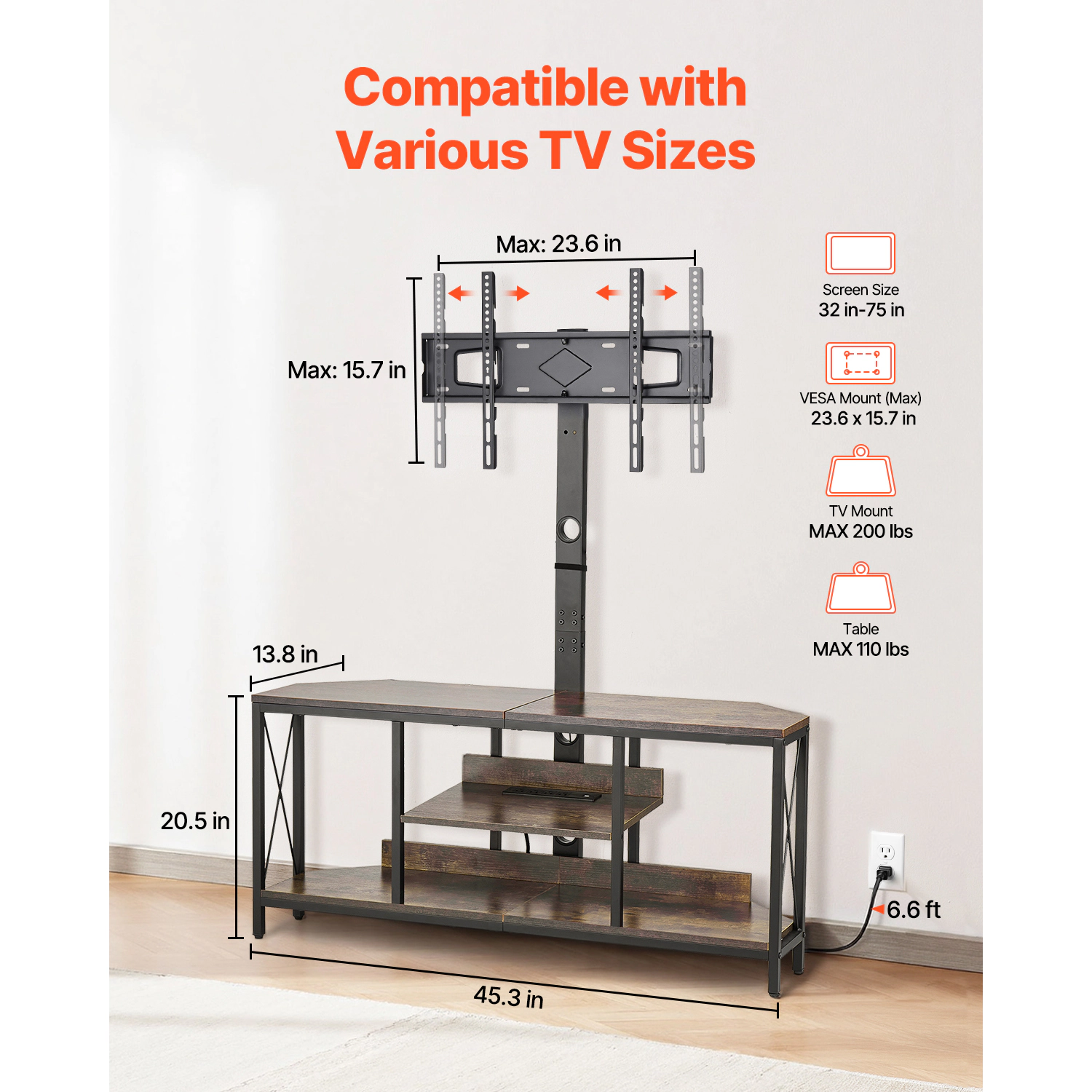 HONGGE TV Stand with Mount for up to 75 in TVs Entertainment Center with Power Outlet & LED Lights Height Adjustable TV