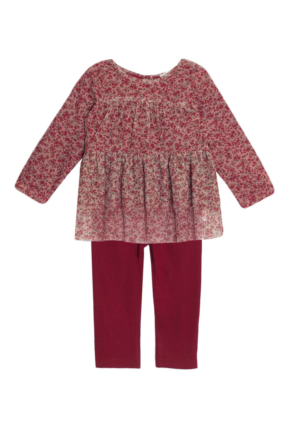 Isobella and Chloe Cranberry Knit Top with Floral Tulle Matching Leggings - 2-Piece Toddler Set