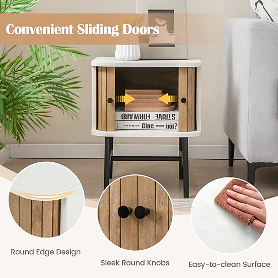 SUGIFT 19.5 in White Mid-Century Nightstand with Sliding Doors and Metal Legs