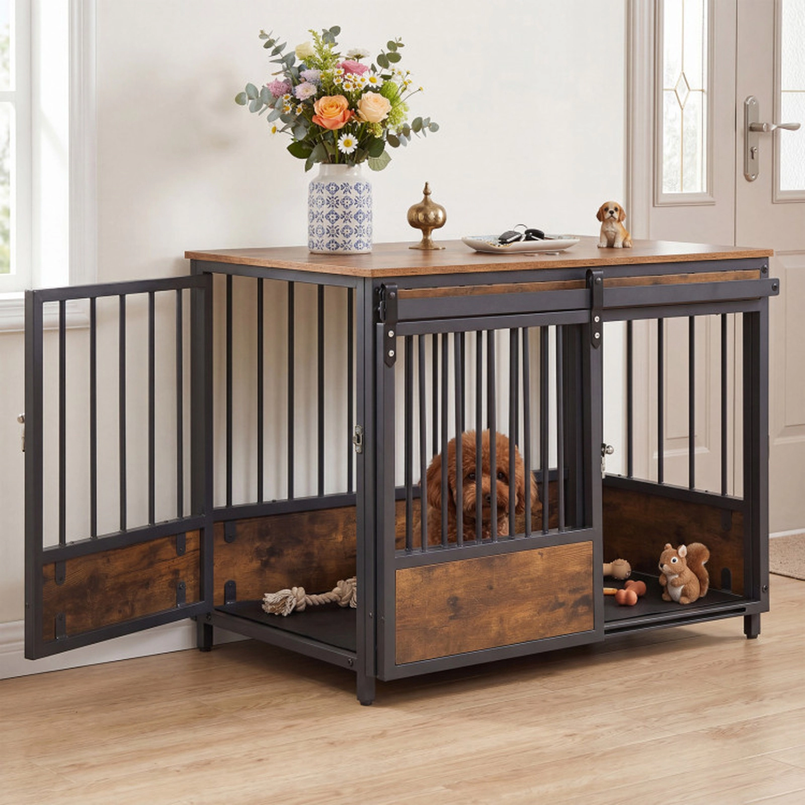 SUGIFT Furniture Style Dog Crate with 2 Doors Safety Latch Dog Mat and 242-lb Wooden Top for Small Dogs