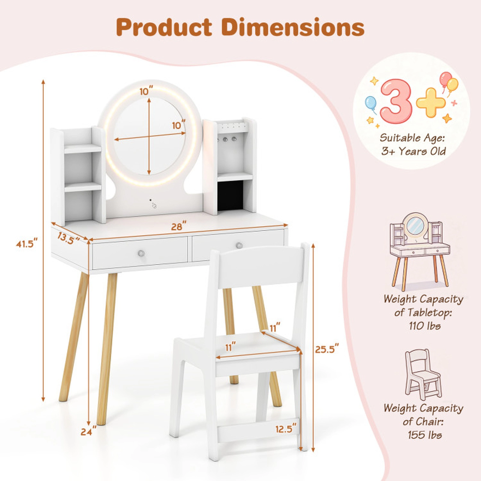 SUGIFT Lighted Kids Vanity Set Mirror, Storage Drawers & Chair 110-lb Tabletop Capacity 155-lb Chair Capacity Ages 3+