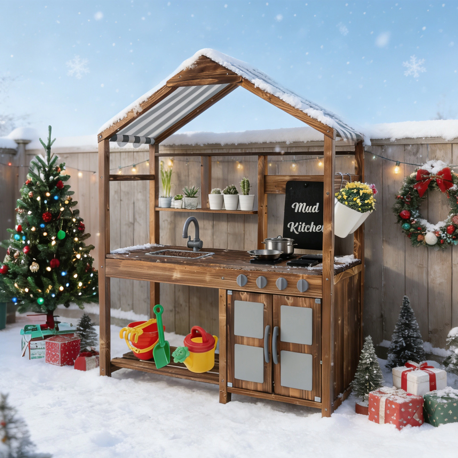 LJG Kid's Mud Kitchen Outdoor Solid Wood Mud Kitchen with Canopy