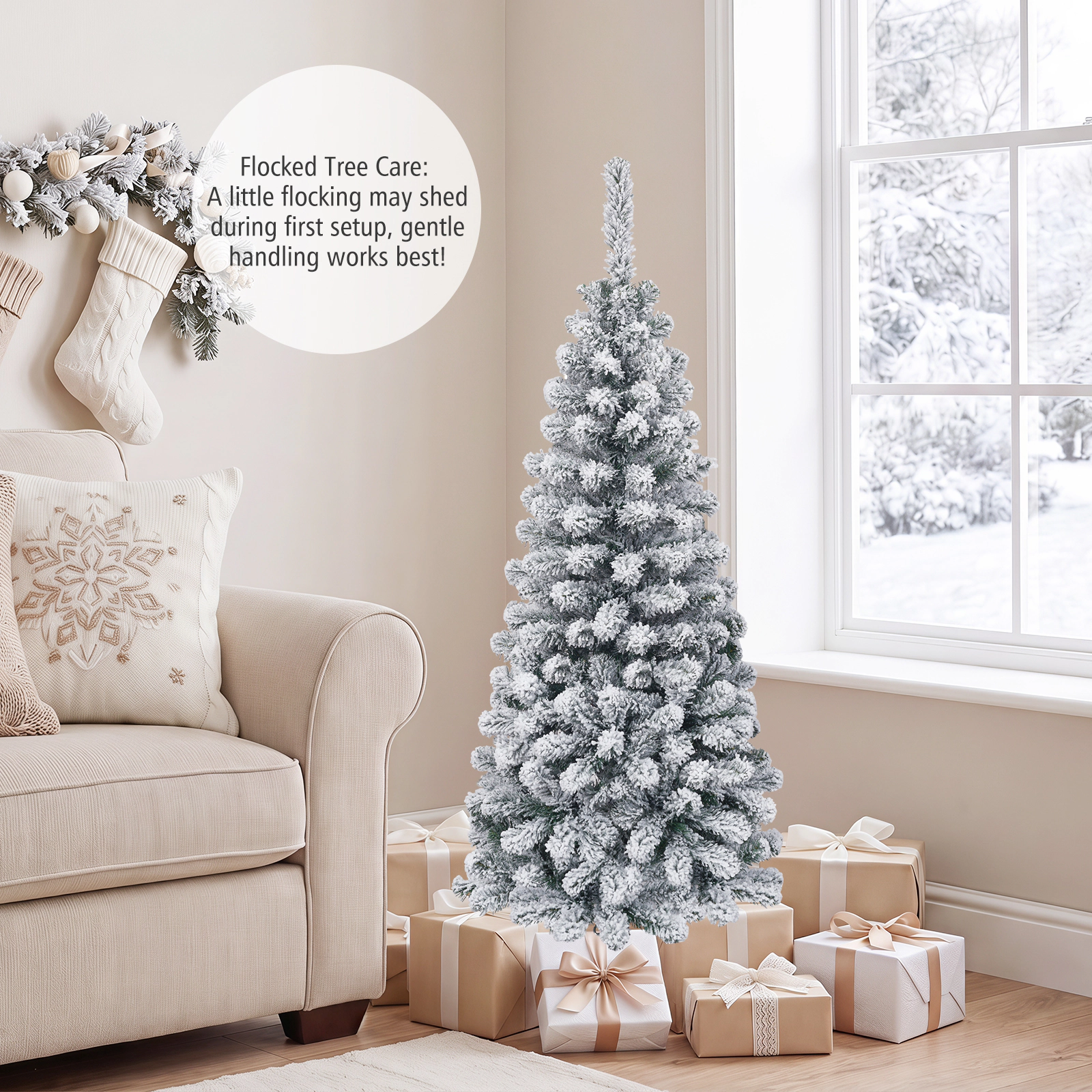 Costway 6 FT Unlit Flocked Pencil Christmas Tree Hinged with 500 Branch Tips