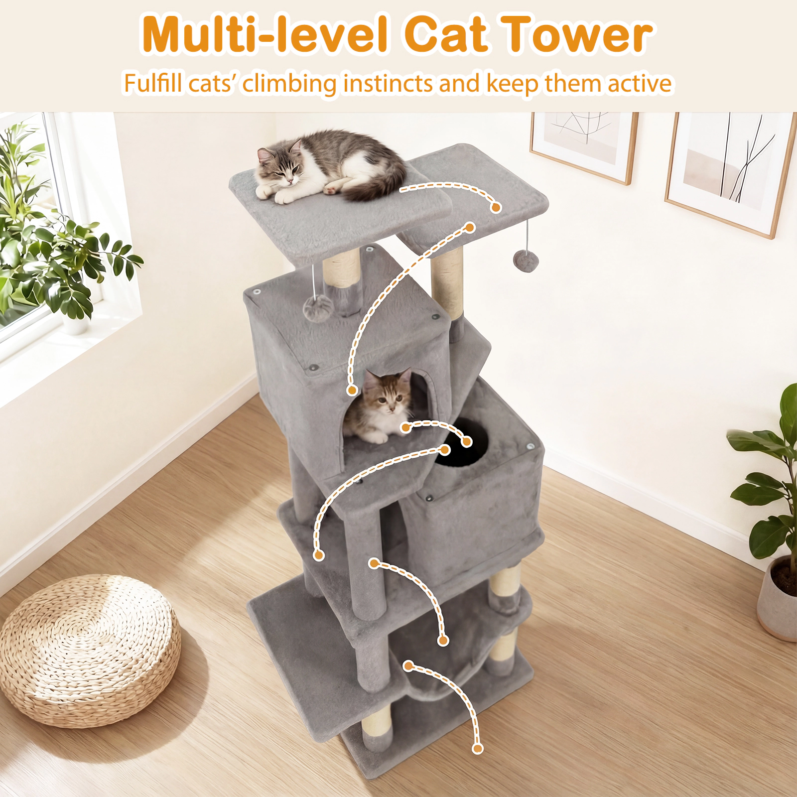SUGIFT Multi-Level 57-in Cat Tree with Dual Condos Hammock and Sisal Scratching Posts Light Gray
