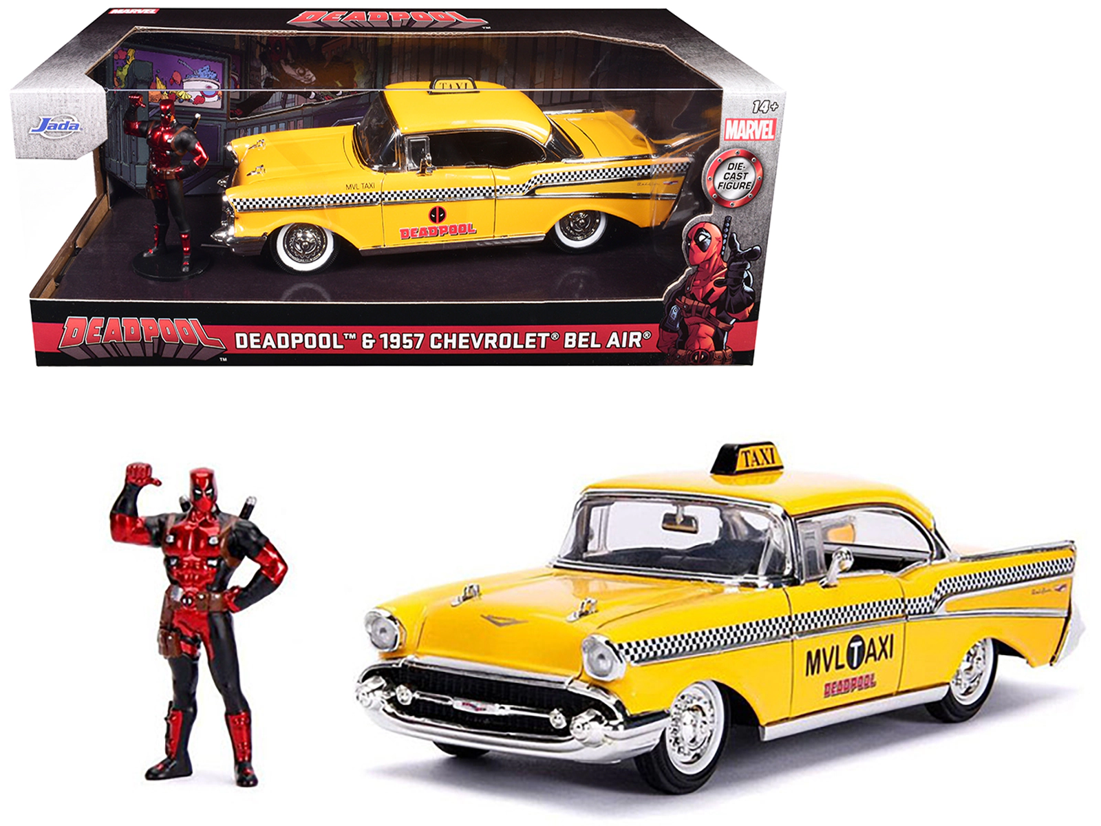 Jada 1957 Chevrolet Bel Air Taxi Yellow with Deadpool Diecast Figurine "Marvel" Series 1/24 Diecast Model Car by Jada