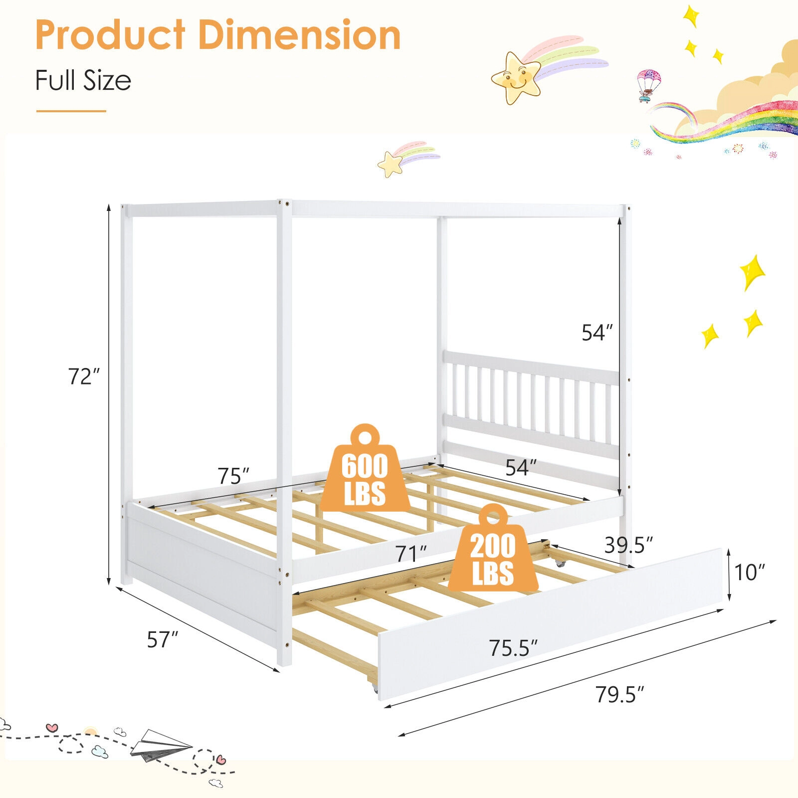 SUGIFT Full Canopy Bed with Rolling Trundle, White Wood Platform Frame