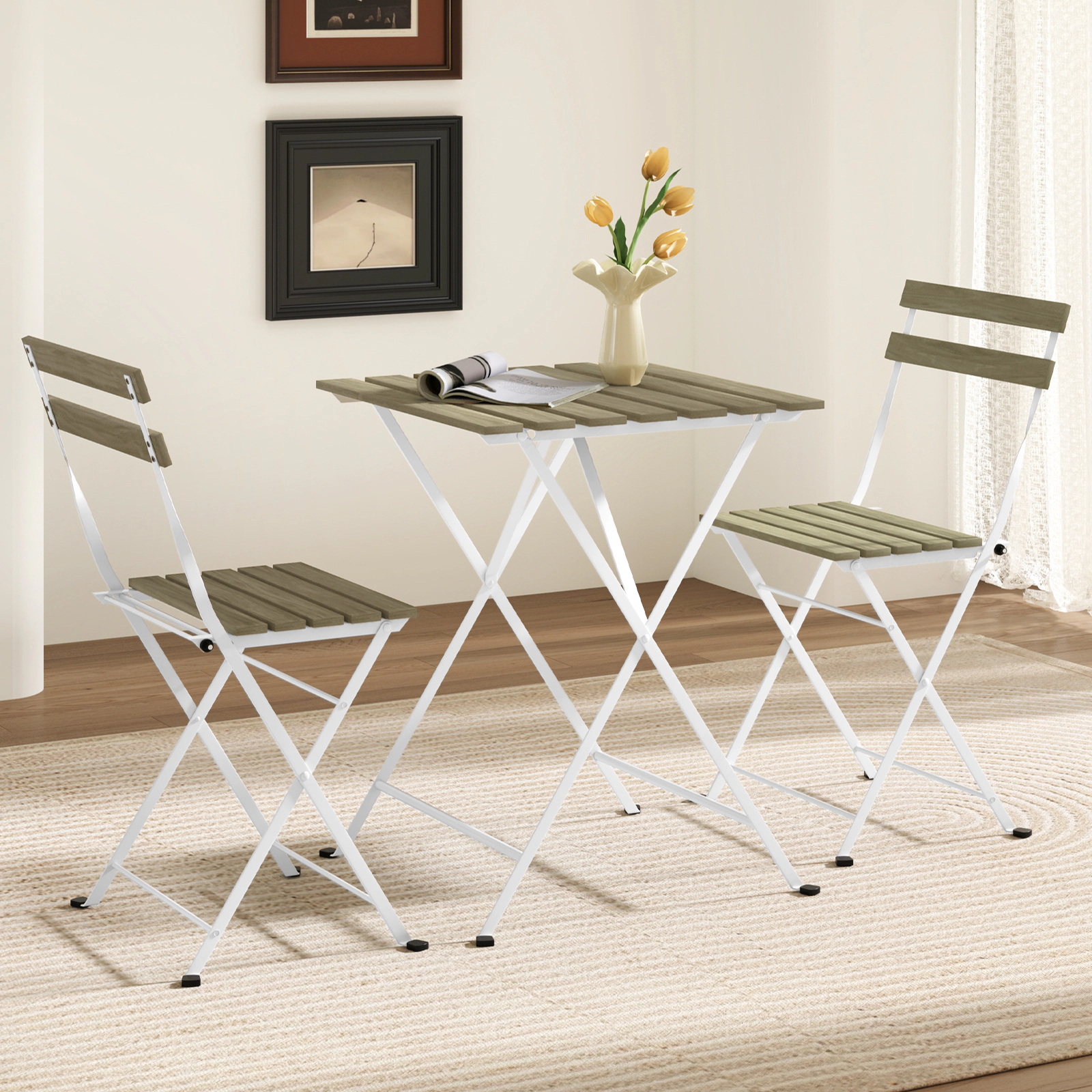 LJG 3 Piece Patio Acacia Wood Bistro Set with Slatted Seat and Tabletop